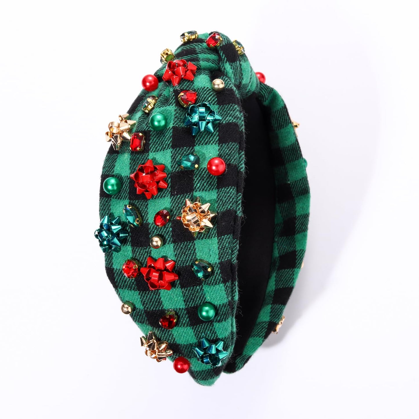 NVENF Jeweled Plaid Headband with Embellished Crystals and Pearls - Knotted Wide Top Knot Hair Accessory for Women, Holiday Outfits & Gifts