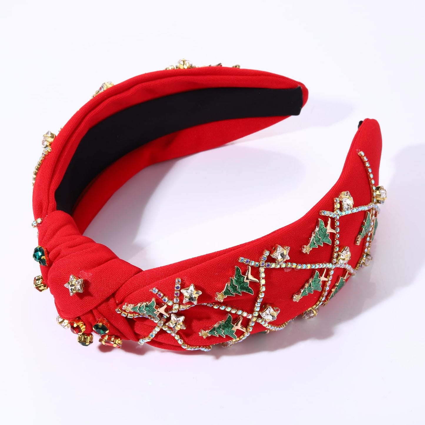 NVENF Jeweled Plaid Headband with Embellished Crystals and Pearls - Knotted Wide Top Knot Hair Accessory for Women, Holiday Outfits & Gifts