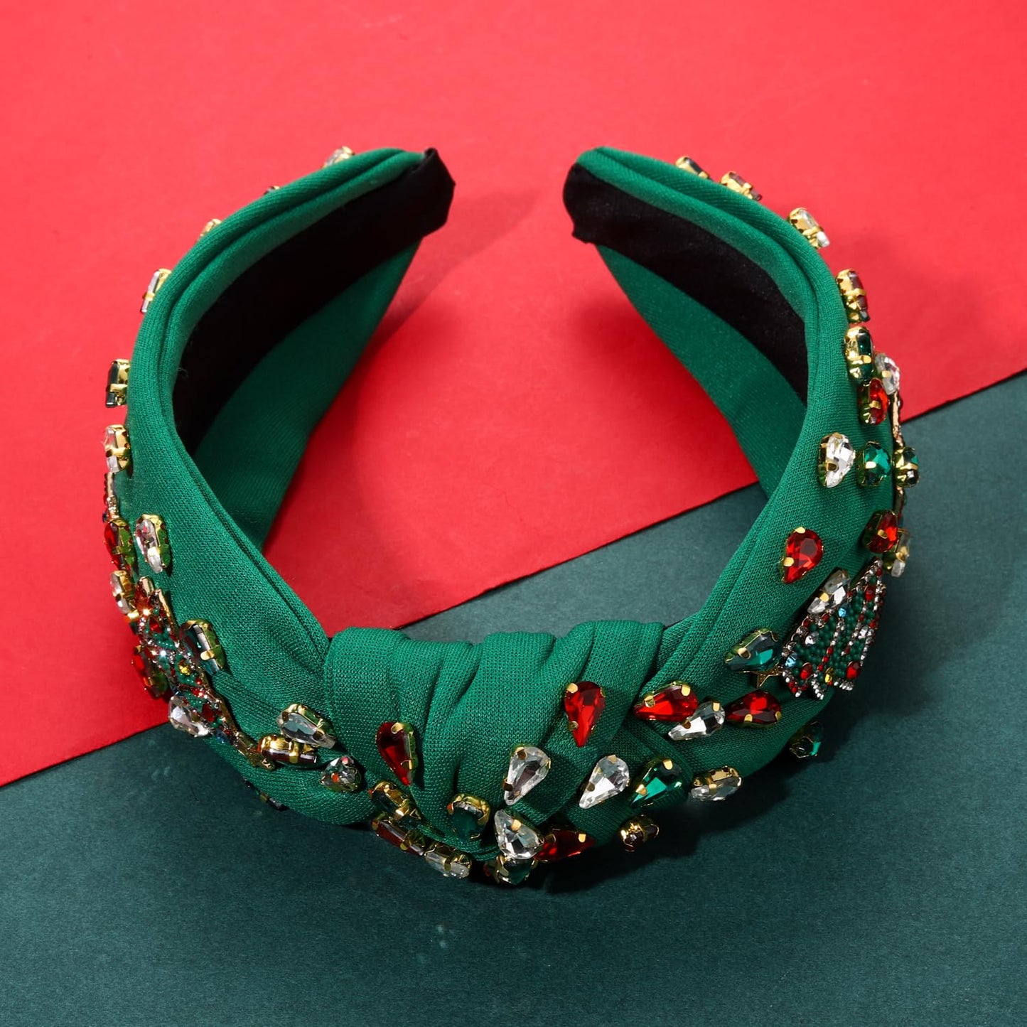 NVENF Jeweled Plaid Headband with Embellished Crystals and Pearls - Knotted Wide Top Knot Hair Accessory for Women, Holiday Outfits & Gifts