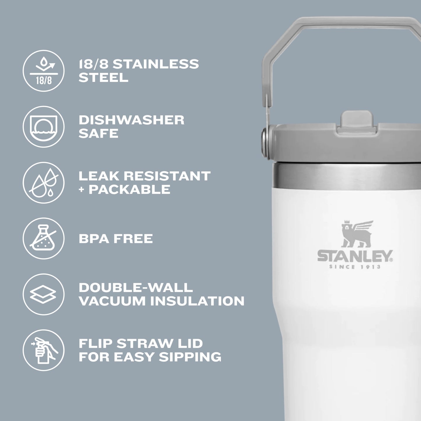 Stanley IceFlow Stainless Steel Tumbler - Vacuum Insulated Water Bottle for Home, Office or Car Reusable Cup with Straw Leak Resistant Flip Cold for 12 Hours or Iced for 2 Days, Mist, 30 OZ / 0.89 L