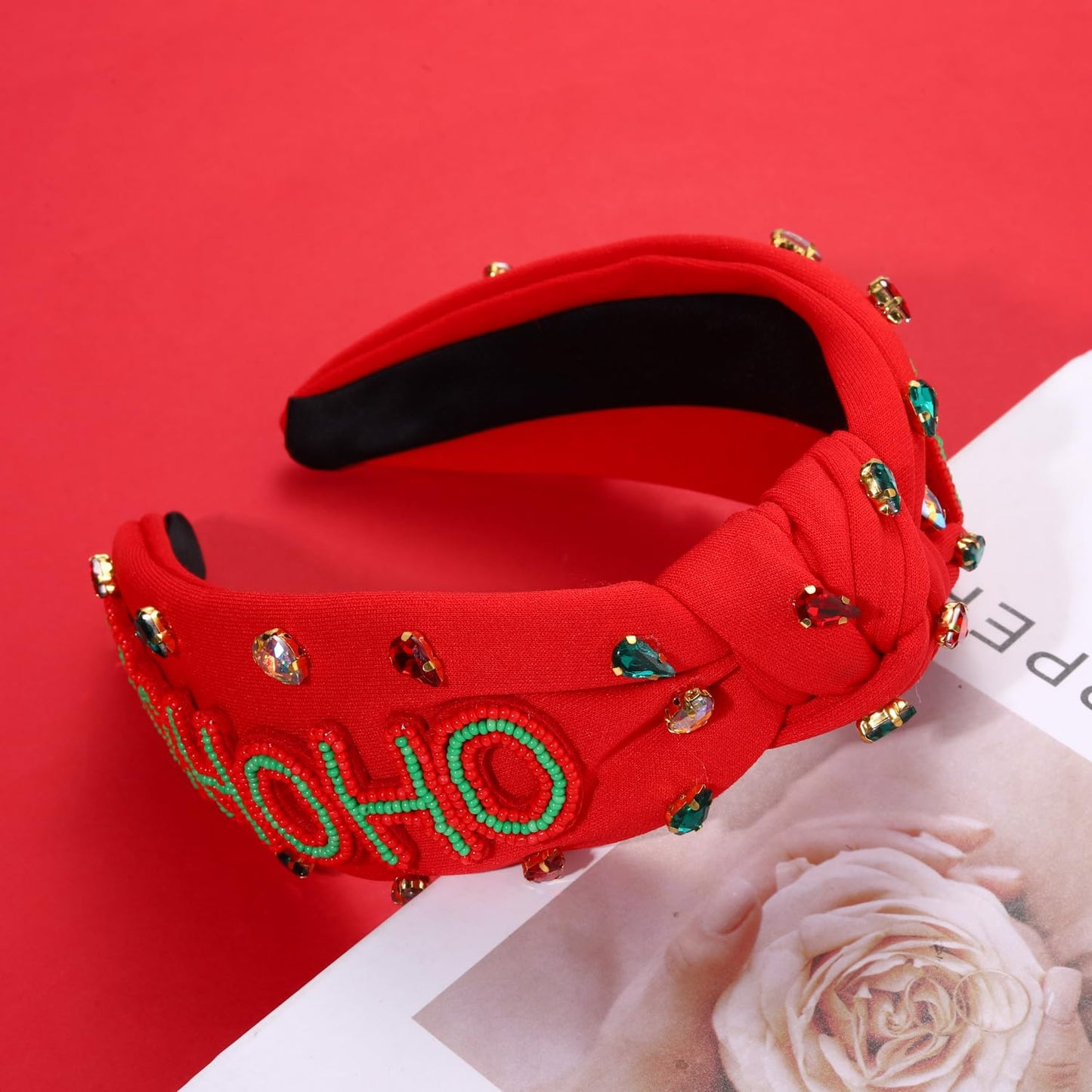 NVENF Jeweled Plaid Headband with Embellished Crystals and Pearls - Knotted Wide Top Knot Hair Accessory for Women, Holiday Outfits & Gifts