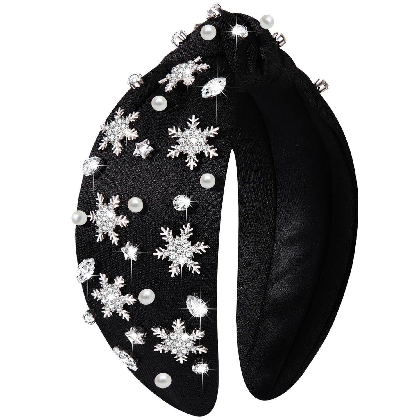 NVENF Jeweled Plaid Headband with Embellished Crystals and Pearls - Knotted Wide Top Knot Hair Accessory for Women, Holiday Outfits & Gifts