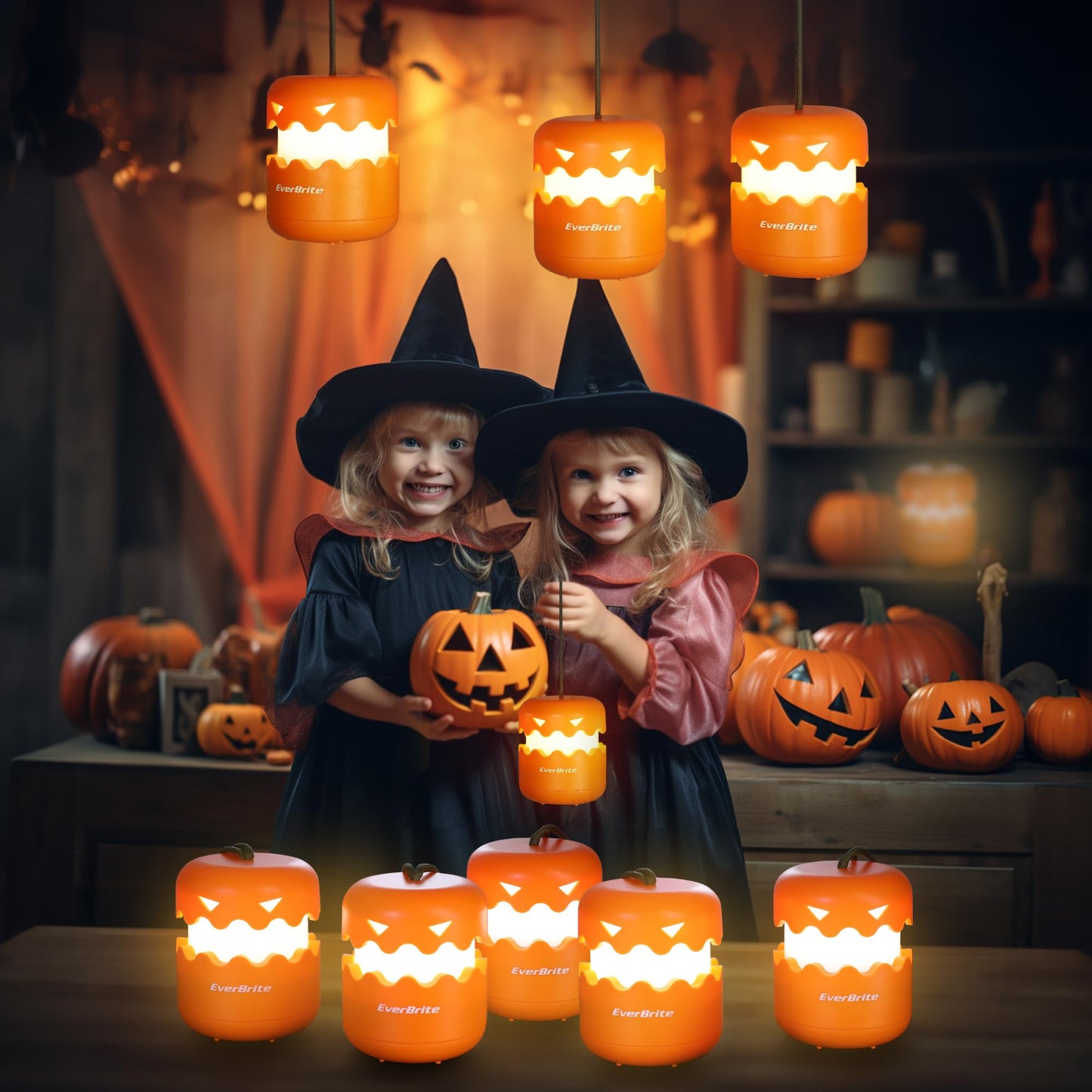 EverBrite 6-Pack Halloween Pumpkin Lantern, Collapsible Jack O Lantern Pumpkins with Lanyard, Halloween Party Favors for Kids, Light up Pumpkin Outdoor for Halloween Party Decoration, Battery Included
