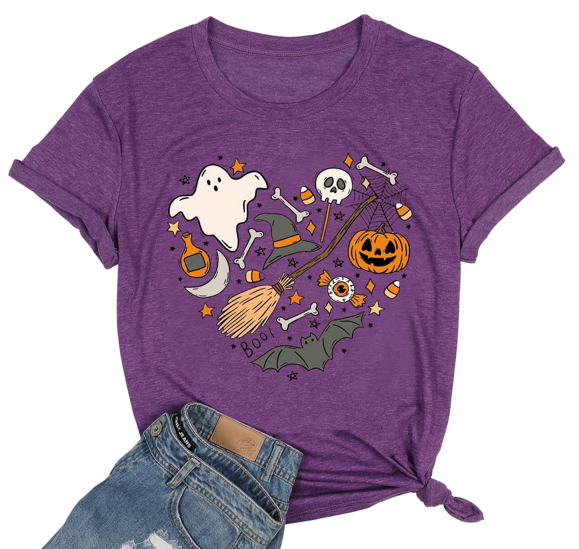 Halloween Doodles Shirt for Women Cute Vintage Graphic Halloween Party Tshirt Short Sleeve Fall Season Tees