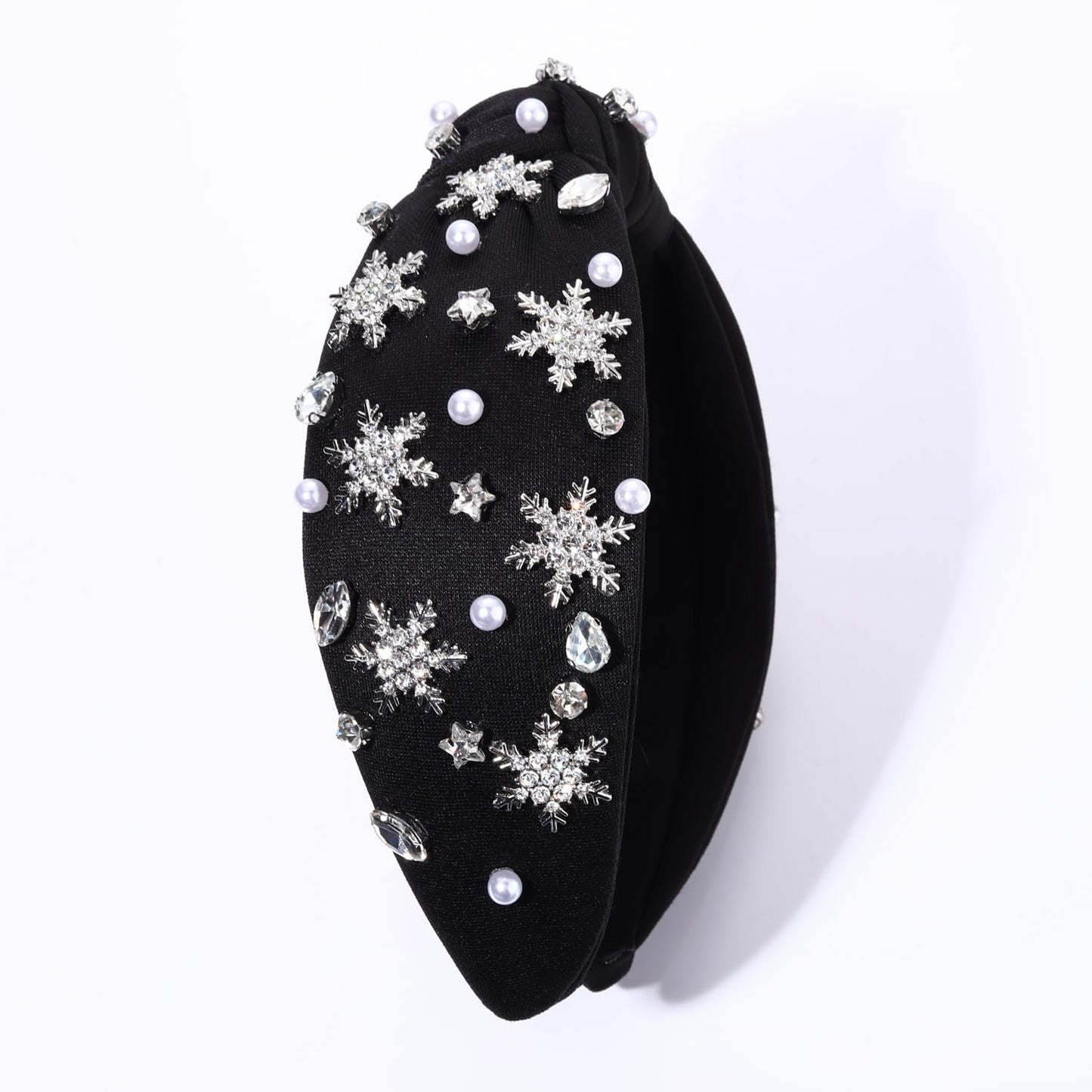 NVENF Jeweled Plaid Headband with Embellished Crystals and Pearls - Knotted Wide Top Knot Hair Accessory for Women, Holiday Outfits & Gifts