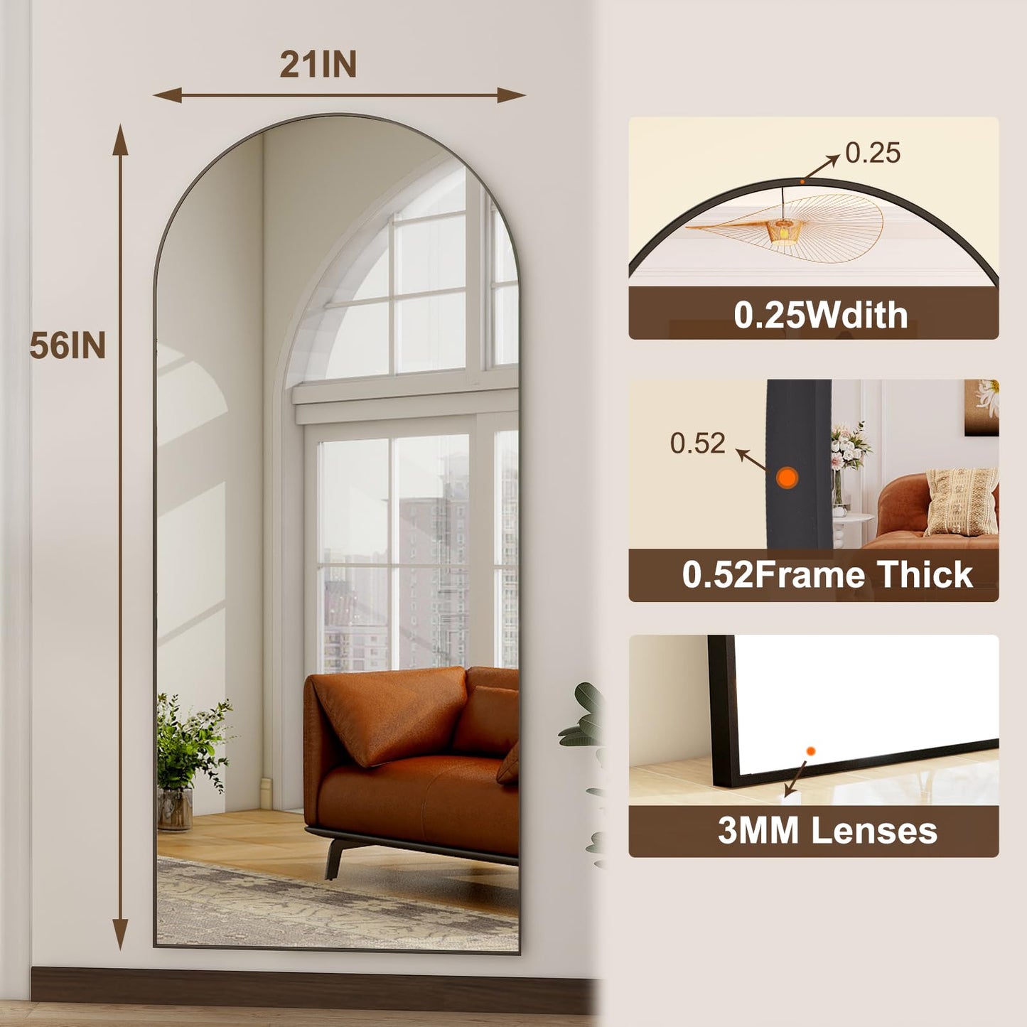 HARRITPURE 64"x21" Arched Full Length Mirror Free Standing Leaning Mirror Hanging Mounted Mirror Aluminum Frame Modern Simple Home Decor for Living Room Bedroom Cloakroom, Gold