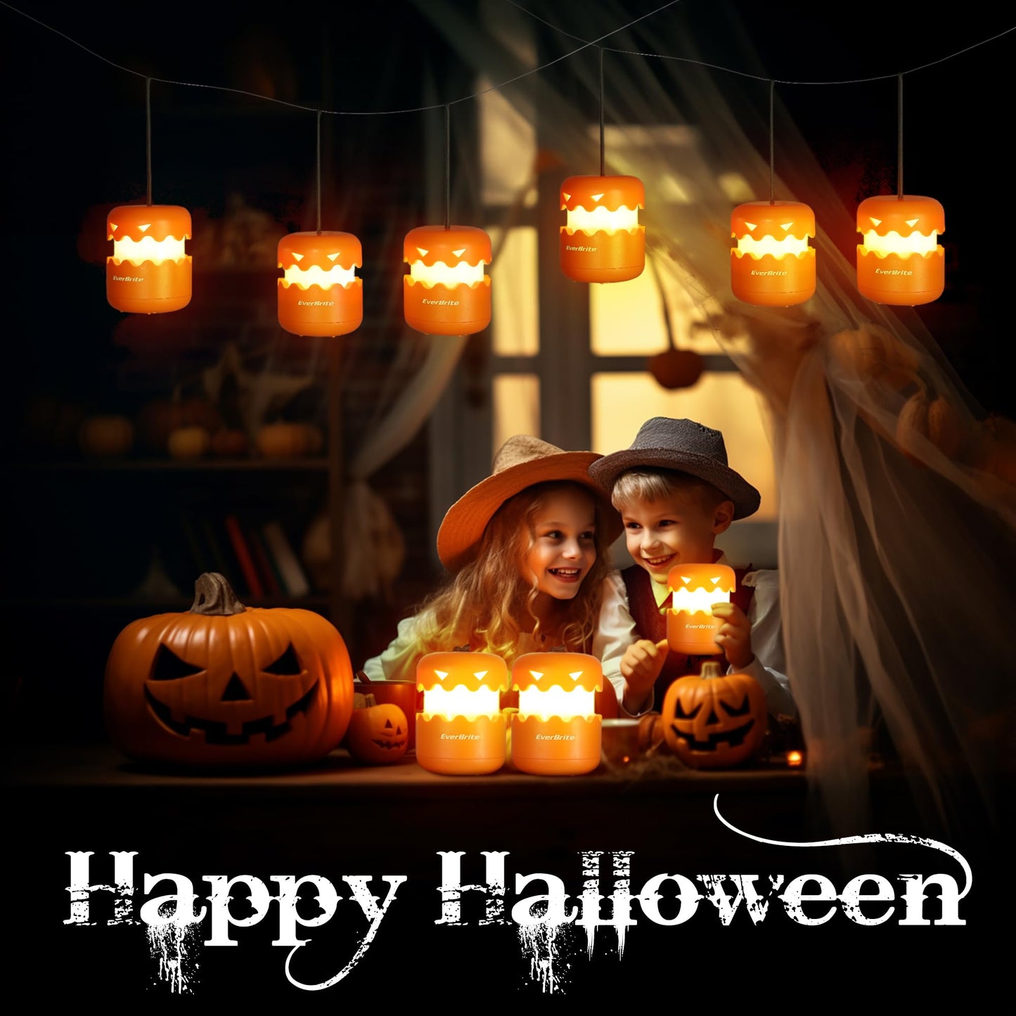 EverBrite 6-Pack Halloween Pumpkin Lantern, Collapsible Jack O Lantern Pumpkins with Lanyard, Halloween Party Favors for Kids, Light up Pumpkin Outdoor for Halloween Party Decoration, Battery Included