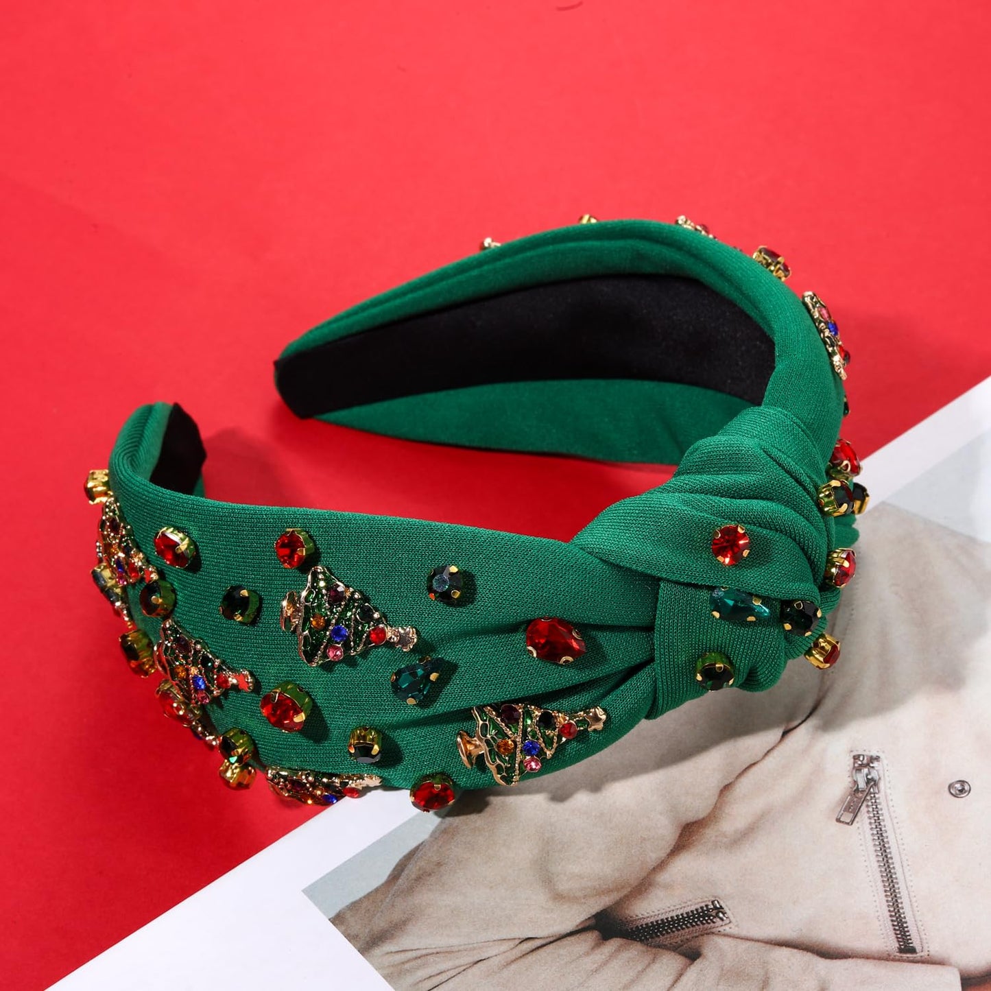 NVENF Jeweled Plaid Headband with Embellished Crystals and Pearls - Knotted Wide Top Knot Hair Accessory for Women, Holiday Outfits & Gifts