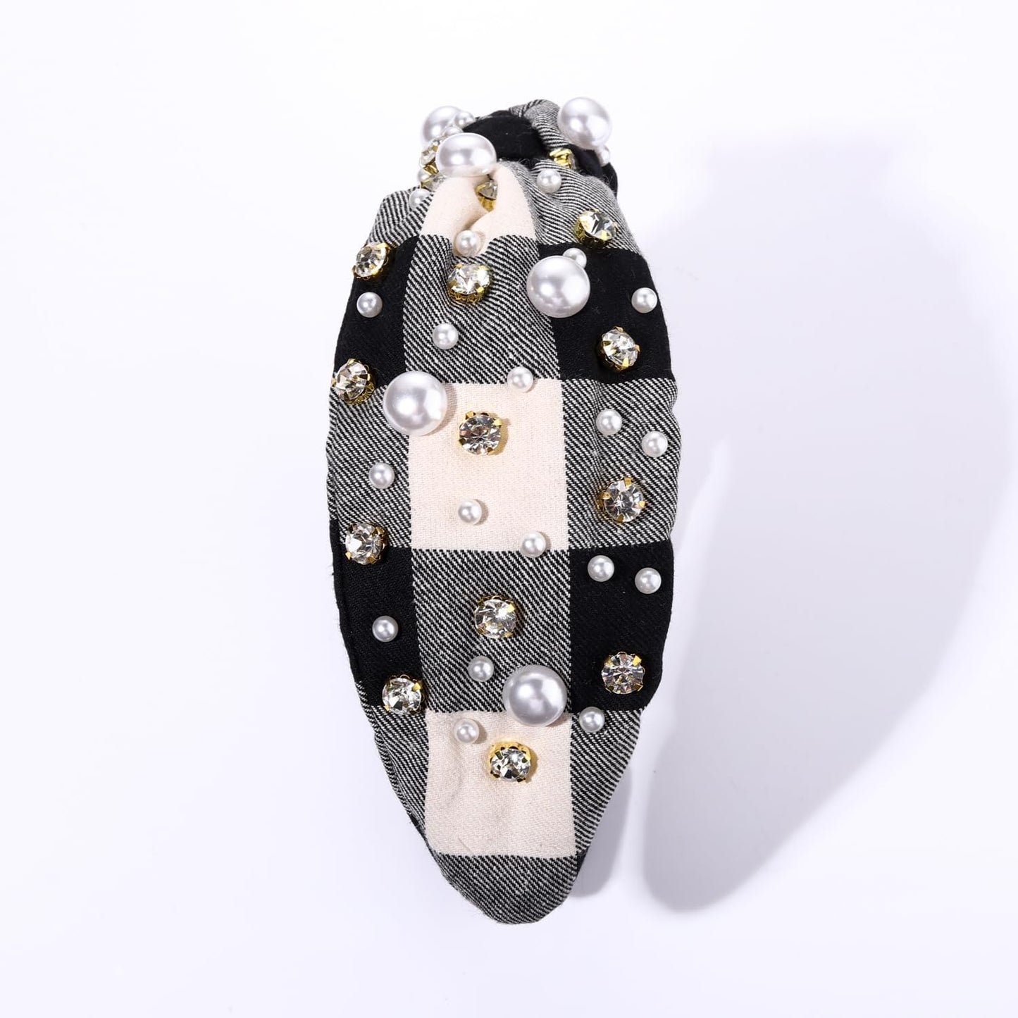 NVENF Jeweled Plaid Headband with Embellished Crystals and Pearls - Knotted Wide Top Knot Hair Accessory for Women, Holiday Outfits & Gifts