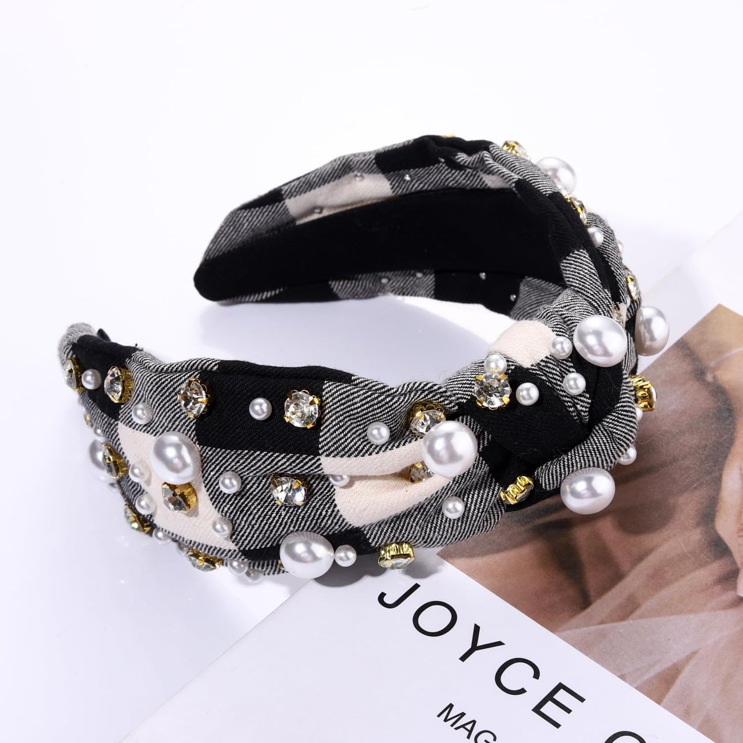 NVENF Jeweled Plaid Headband with Embellished Crystals and Pearls - Knotted Wide Top Knot Hair Accessory for Women, Holiday Outfits & Gifts