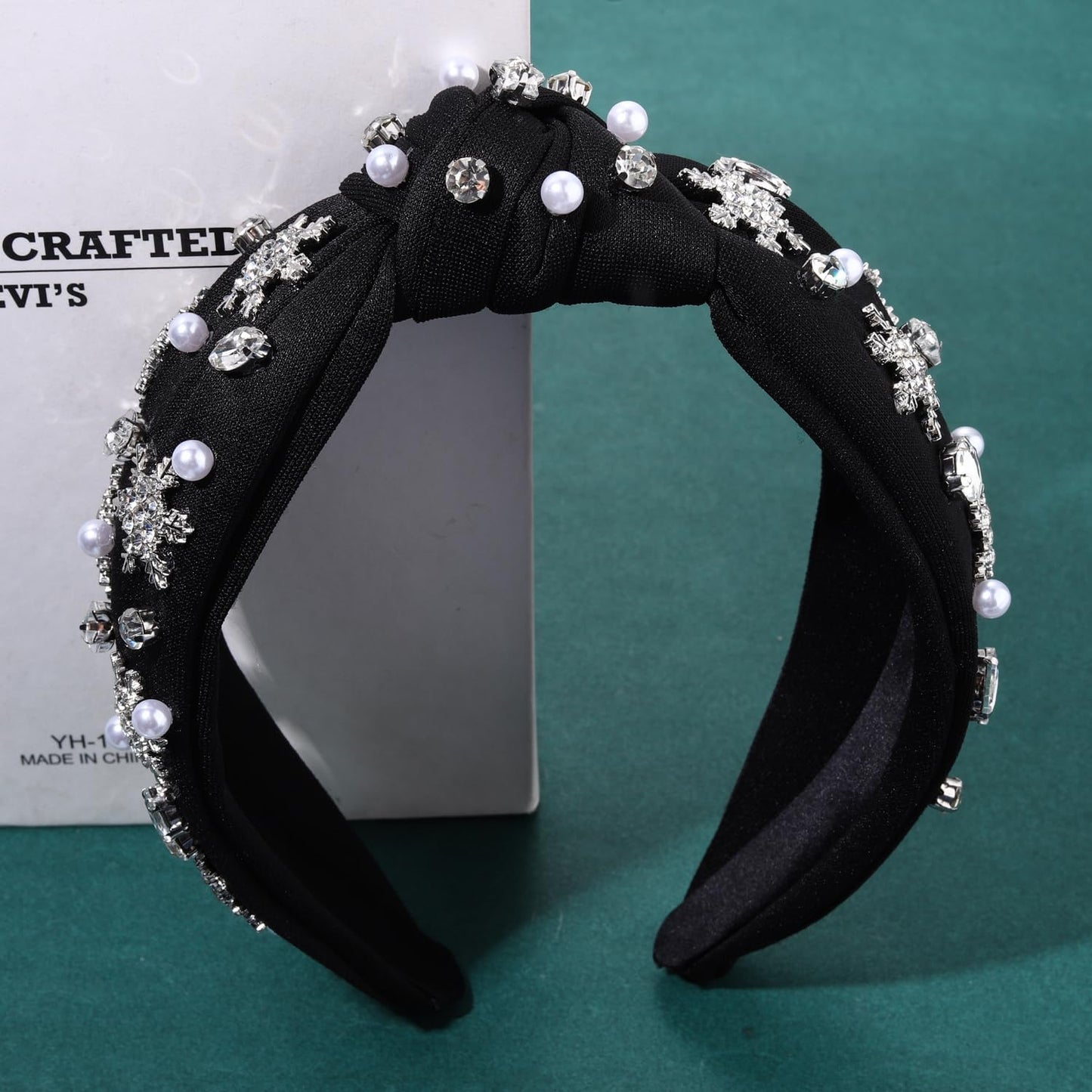 NVENF Jeweled Plaid Headband with Embellished Crystals and Pearls - Knotted Wide Top Knot Hair Accessory for Women, Holiday Outfits & Gifts