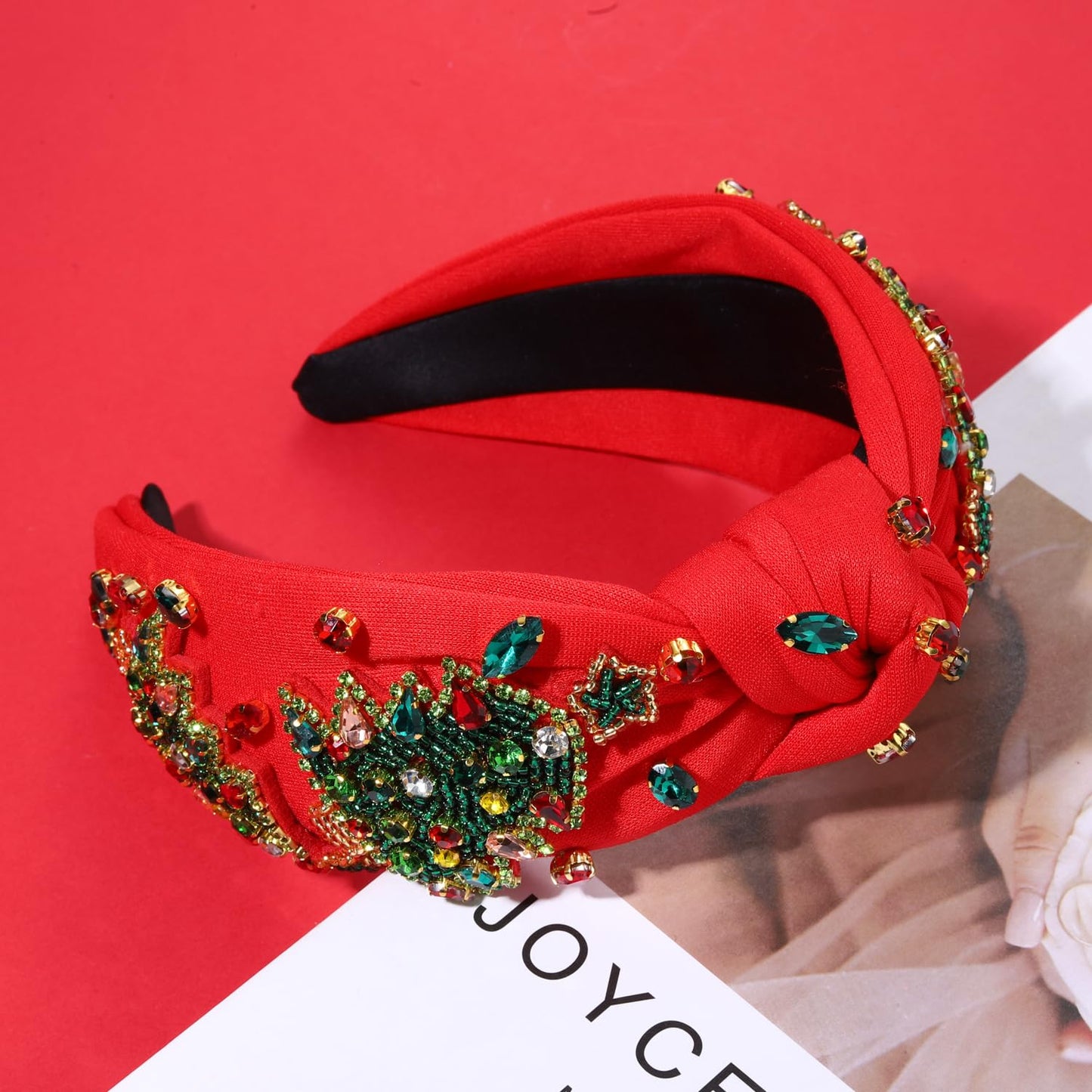 NVENF Jeweled Plaid Headband with Embellished Crystals and Pearls - Knotted Wide Top Knot Hair Accessory for Women, Holiday Outfits & Gifts