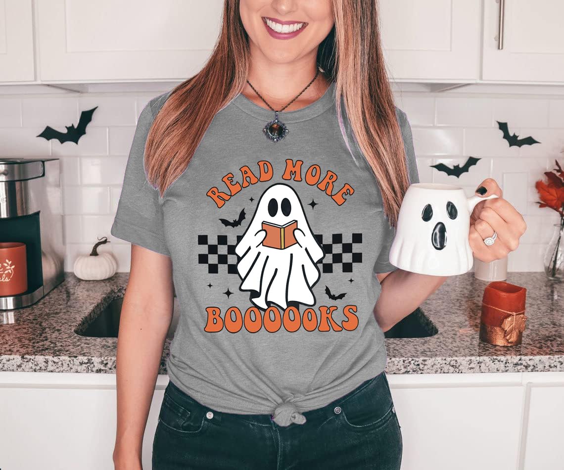 Halloween Teacher Shirts for Women Groovy Read More Books Ghost T-Shirt Short Sleeve Halloween Party Tee Tops