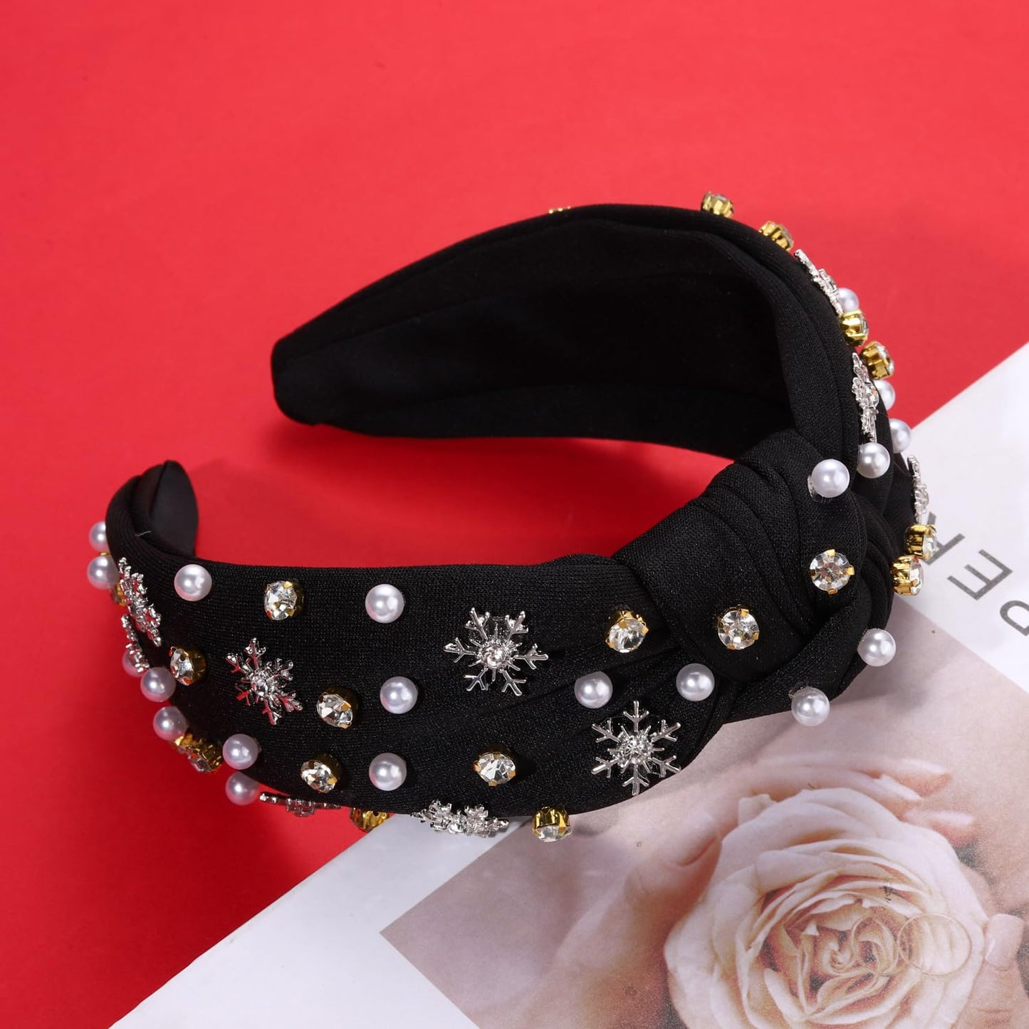 NVENF Jeweled Plaid Headband with Embellished Crystals and Pearls - Knotted Wide Top Knot Hair Accessory for Women, Holiday Outfits & Gifts