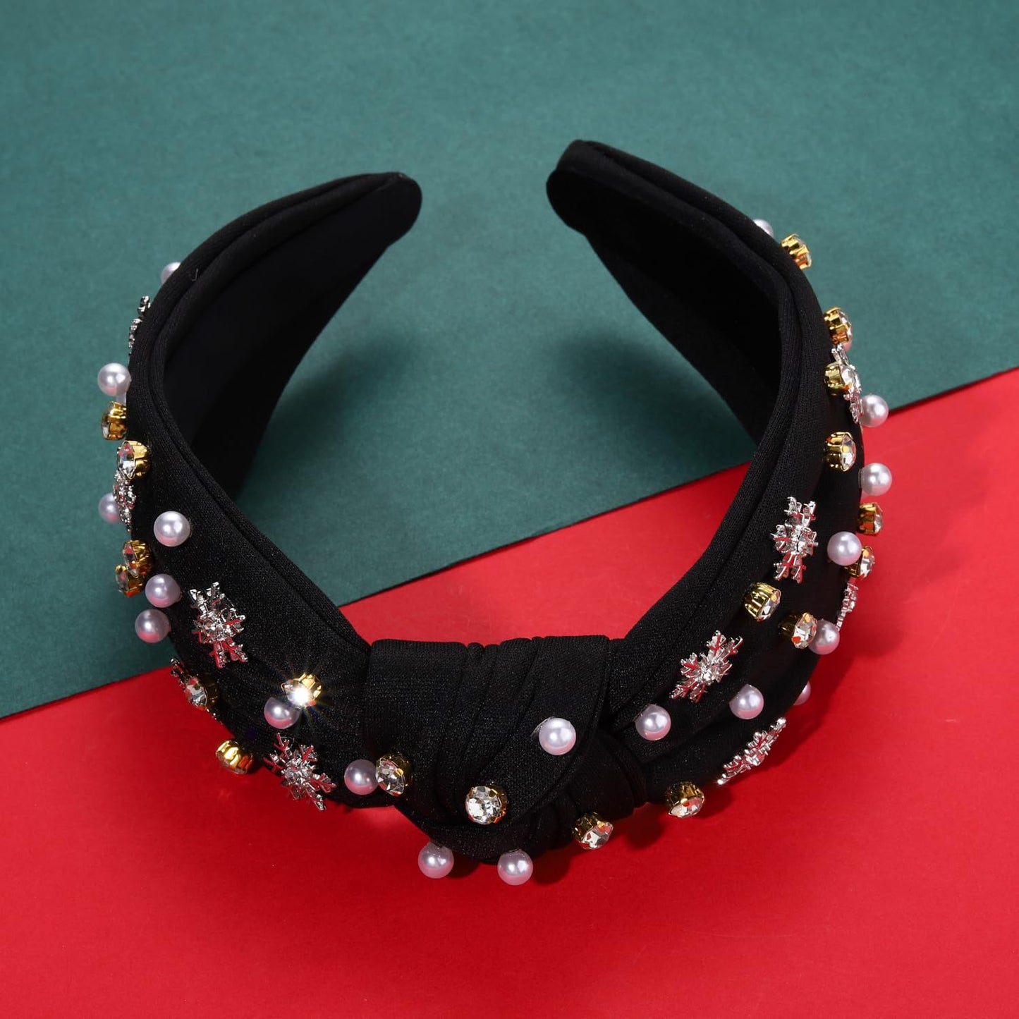 NVENF Jeweled Plaid Headband with Embellished Crystals and Pearls - Knotted Wide Top Knot Hair Accessory for Women, Holiday Outfits & Gifts
