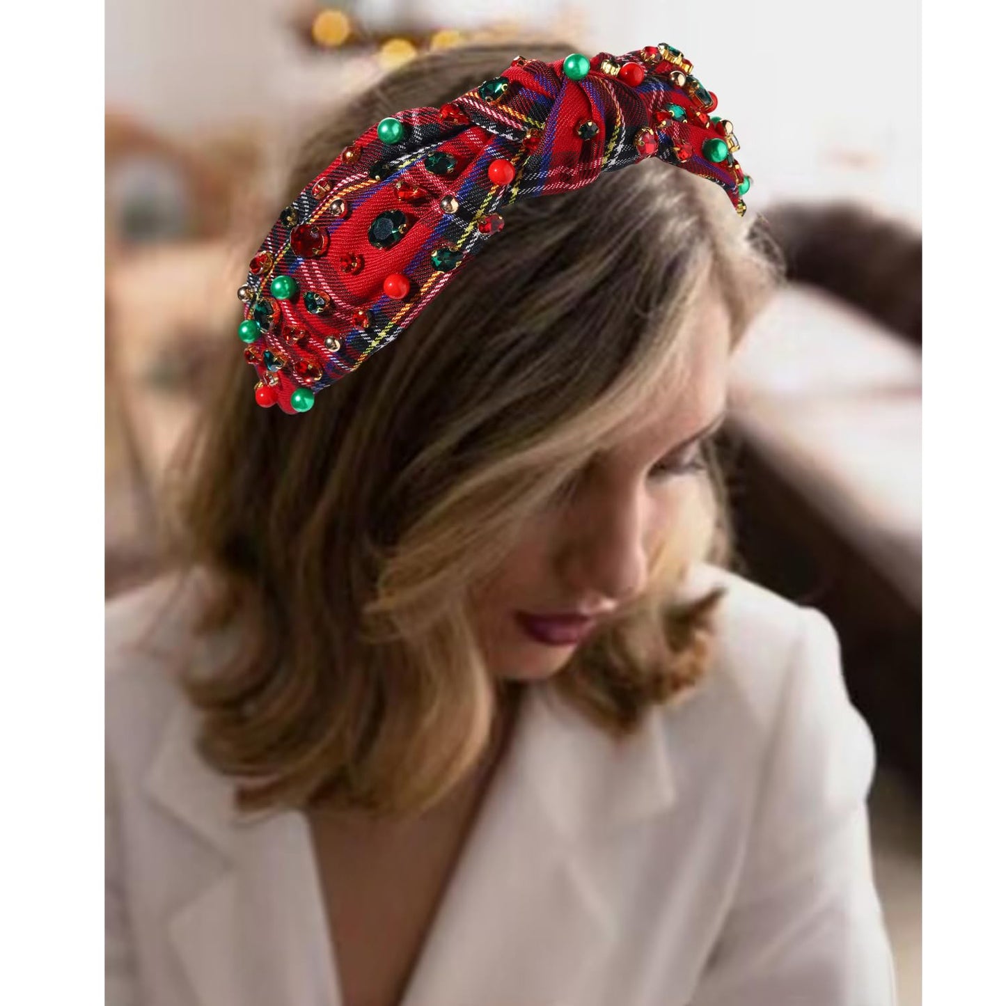 NVENF Jeweled Plaid Headband with Embellished Crystals and Pearls - Knotted Wide Top Knot Hair Accessory for Women, Holiday Outfits & Gifts