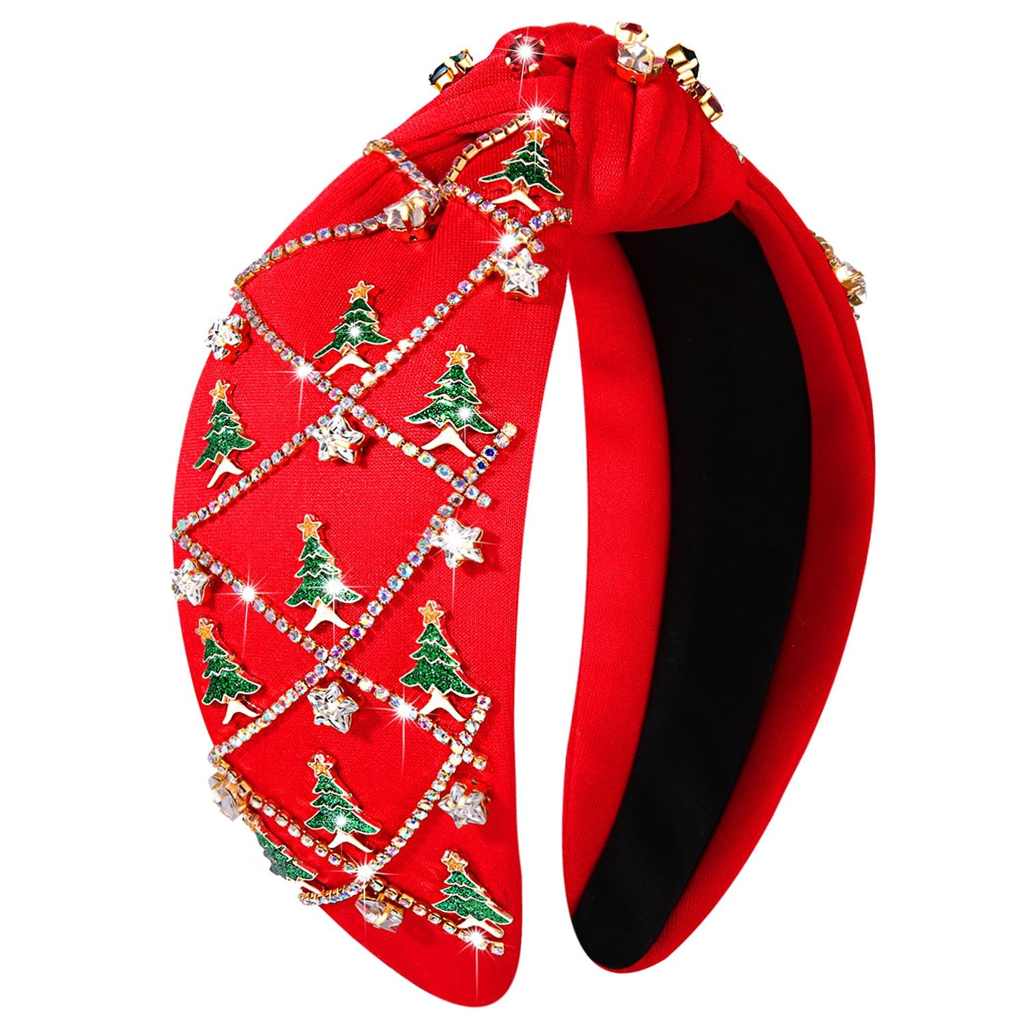 NVENF Jeweled Plaid Headband with Embellished Crystals and Pearls - Knotted Wide Top Knot Hair Accessory for Women, Holiday Outfits & Gifts