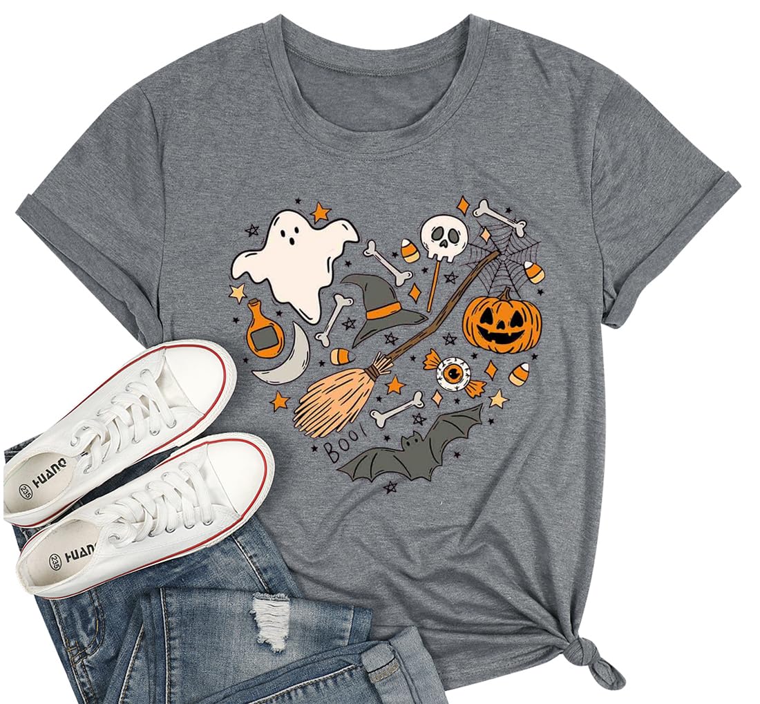 Halloween Doodles Shirt for Women Cute Vintage Graphic Halloween Party Tshirt Short Sleeve Fall Season Tees