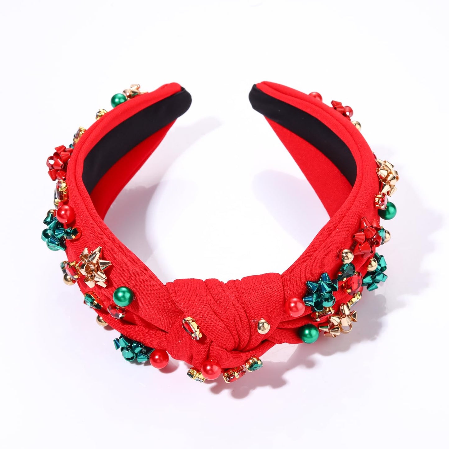 NVENF Jeweled Plaid Headband with Embellished Crystals and Pearls - Knotted Wide Top Knot Hair Accessory for Women, Holiday Outfits & Gifts
