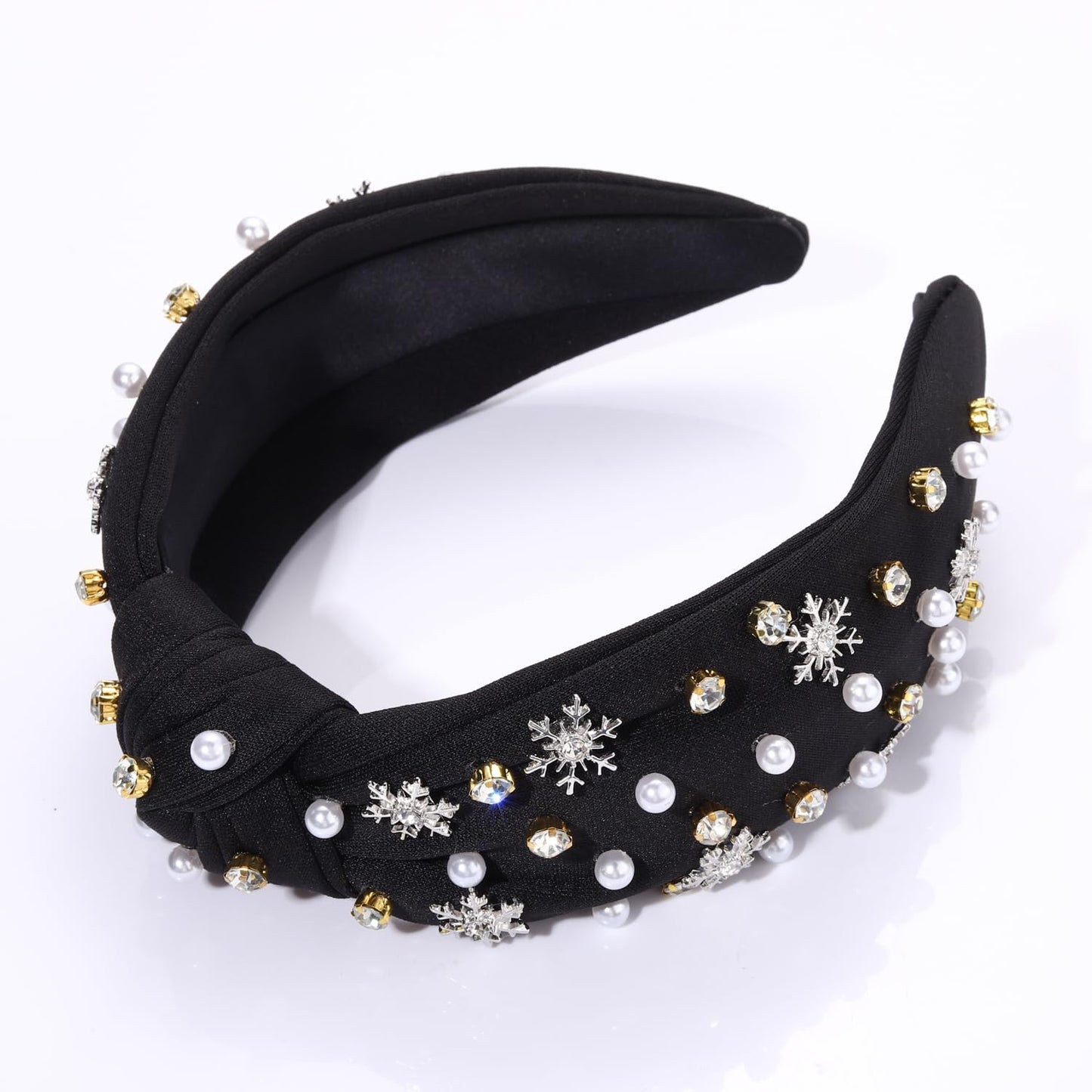 NVENF Jeweled Plaid Headband with Embellished Crystals and Pearls - Knotted Wide Top Knot Hair Accessory for Women, Holiday Outfits & Gifts