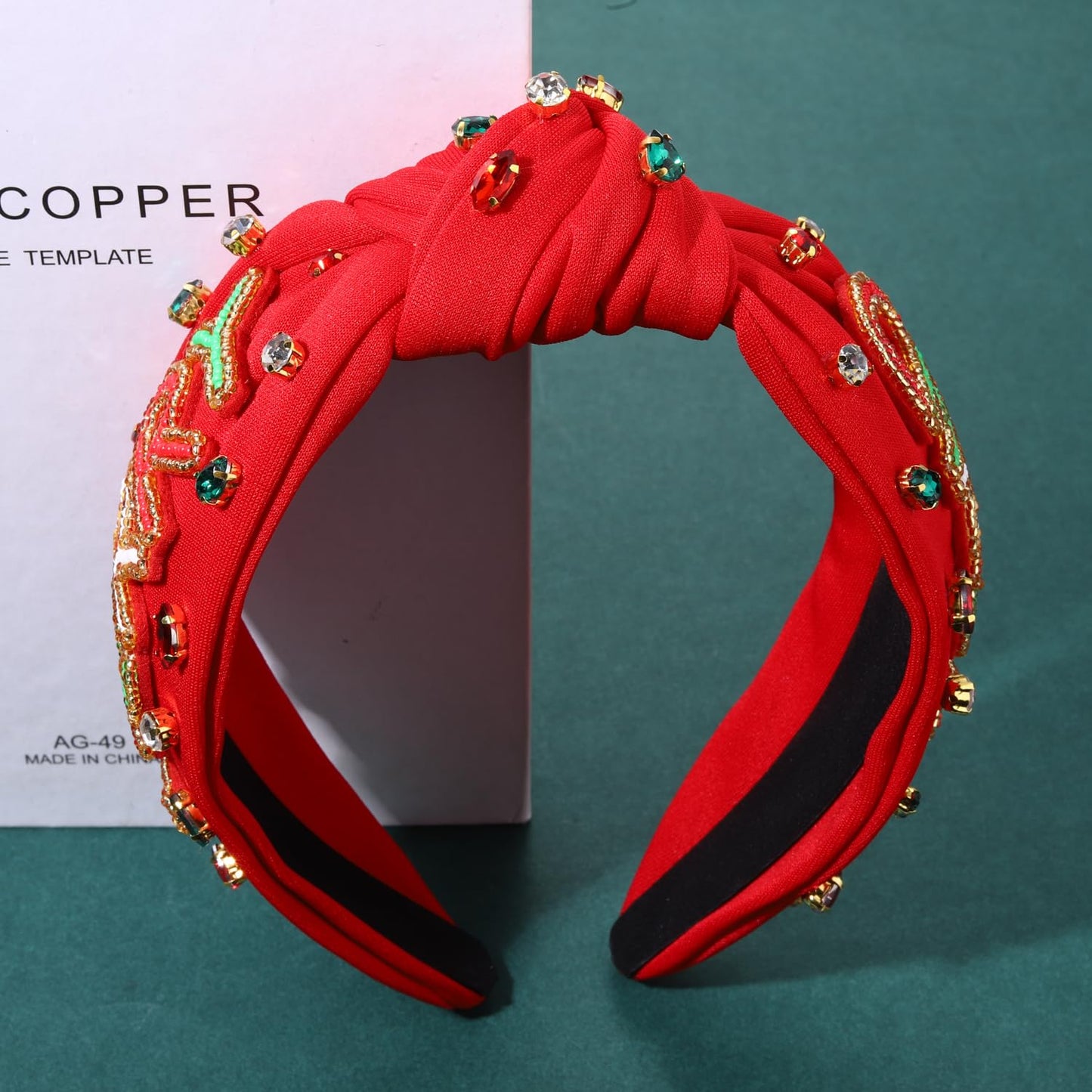 NVENF Jeweled Plaid Headband with Embellished Crystals and Pearls - Knotted Wide Top Knot Hair Accessory for Women, Holiday Outfits & Gifts