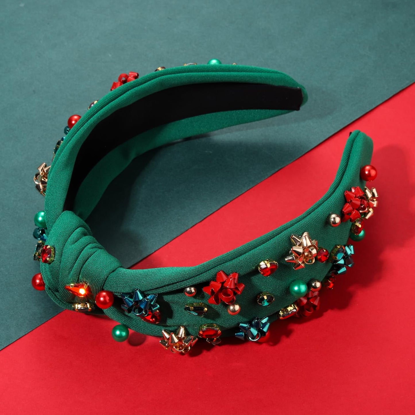 NVENF Jeweled Plaid Headband with Embellished Crystals and Pearls - Knotted Wide Top Knot Hair Accessory for Women, Holiday Outfits & Gifts