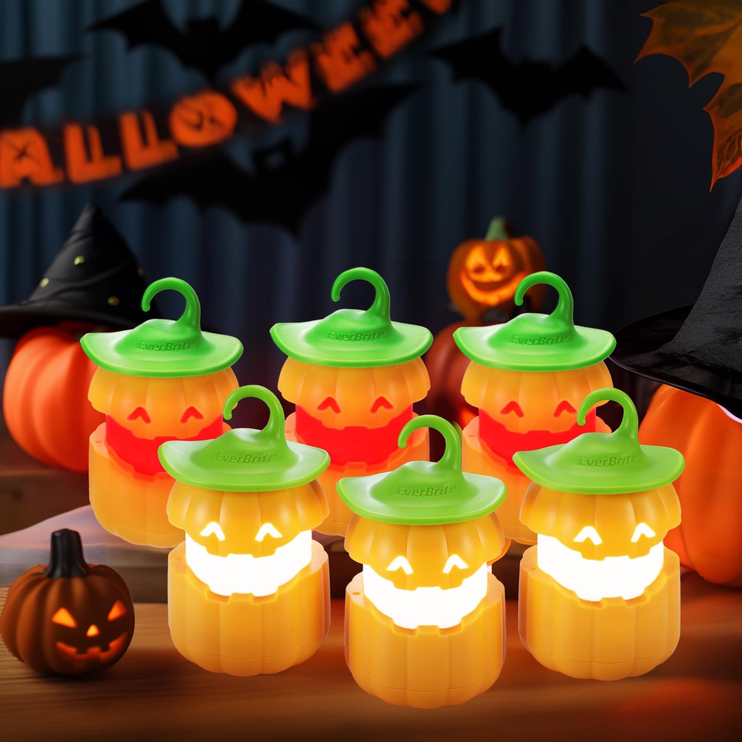 EverBrite 6-Pack Halloween Pumpkin Lantern, Collapsible Jack O Lantern Pumpkins with Lanyard, Halloween Party Favors for Kids, Light up Pumpkin Outdoor for Halloween Party Decoration, Battery Included