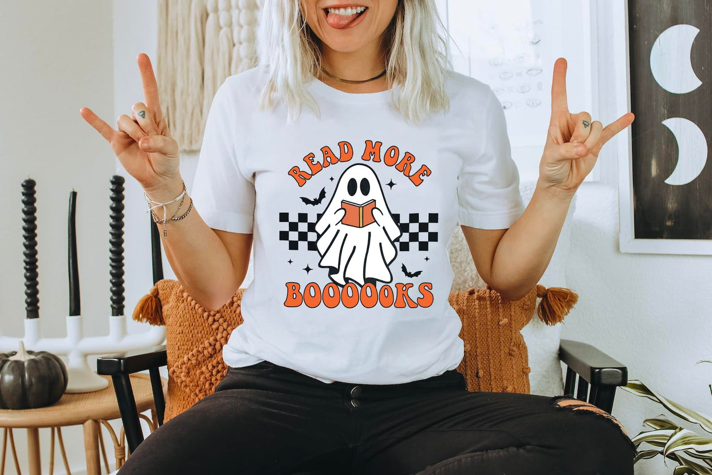 Halloween Teacher Shirts for Women Groovy Read More Books Ghost T-Shirt Short Sleeve Halloween Party Tee Tops