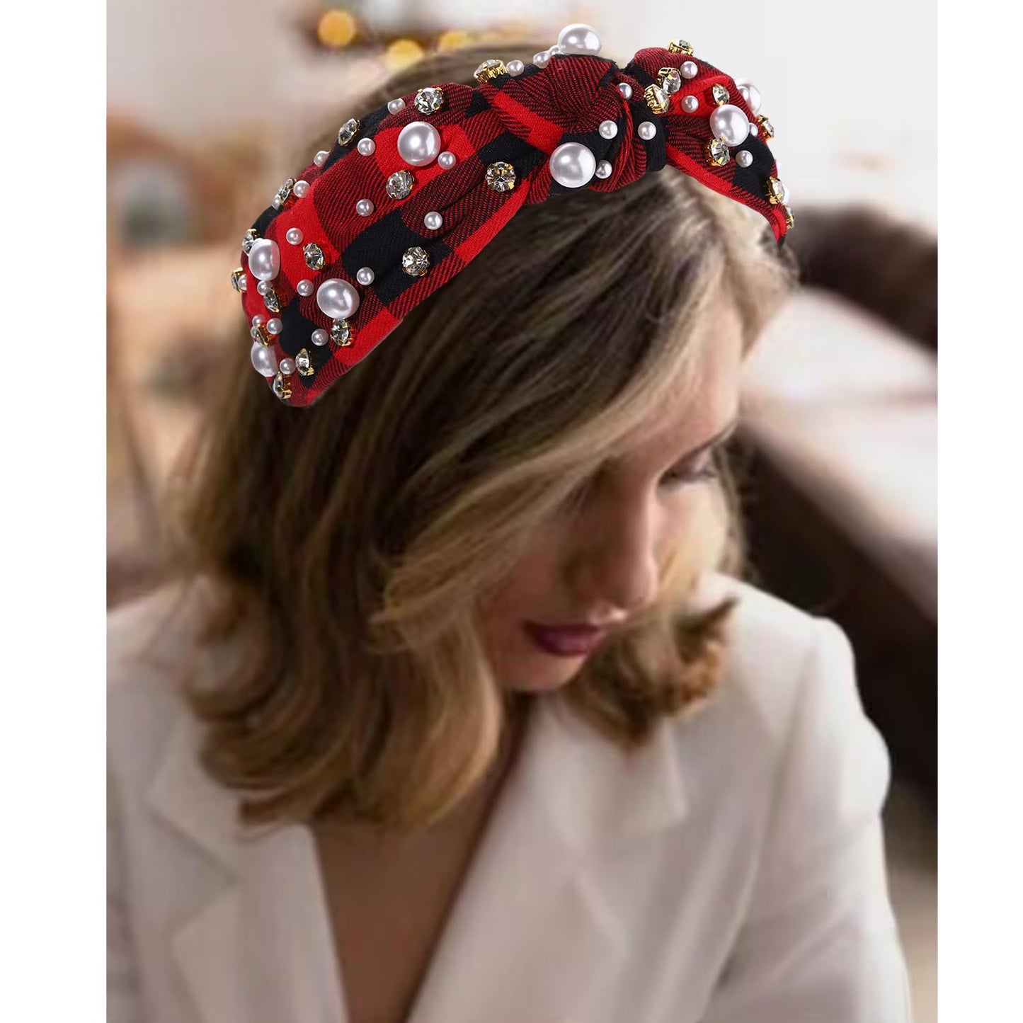 NVENF Jeweled Plaid Headband with Embellished Crystals and Pearls - Knotted Wide Top Knot Hair Accessory for Women, Holiday Outfits & Gifts