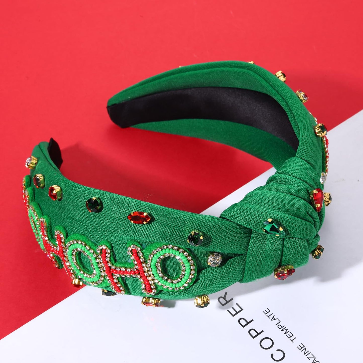 NVENF Jeweled Plaid Headband with Embellished Crystals and Pearls - Knotted Wide Top Knot Hair Accessory for Women, Holiday Outfits & Gifts