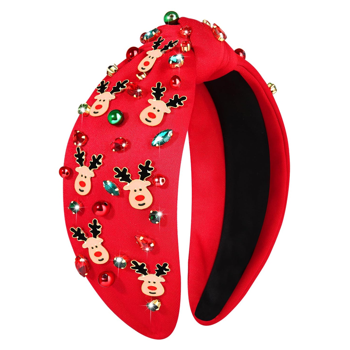 NVENF Jeweled Plaid Headband with Embellished Crystals and Pearls - Knotted Wide Top Knot Hair Accessory for Women, Holiday Outfits & Gifts