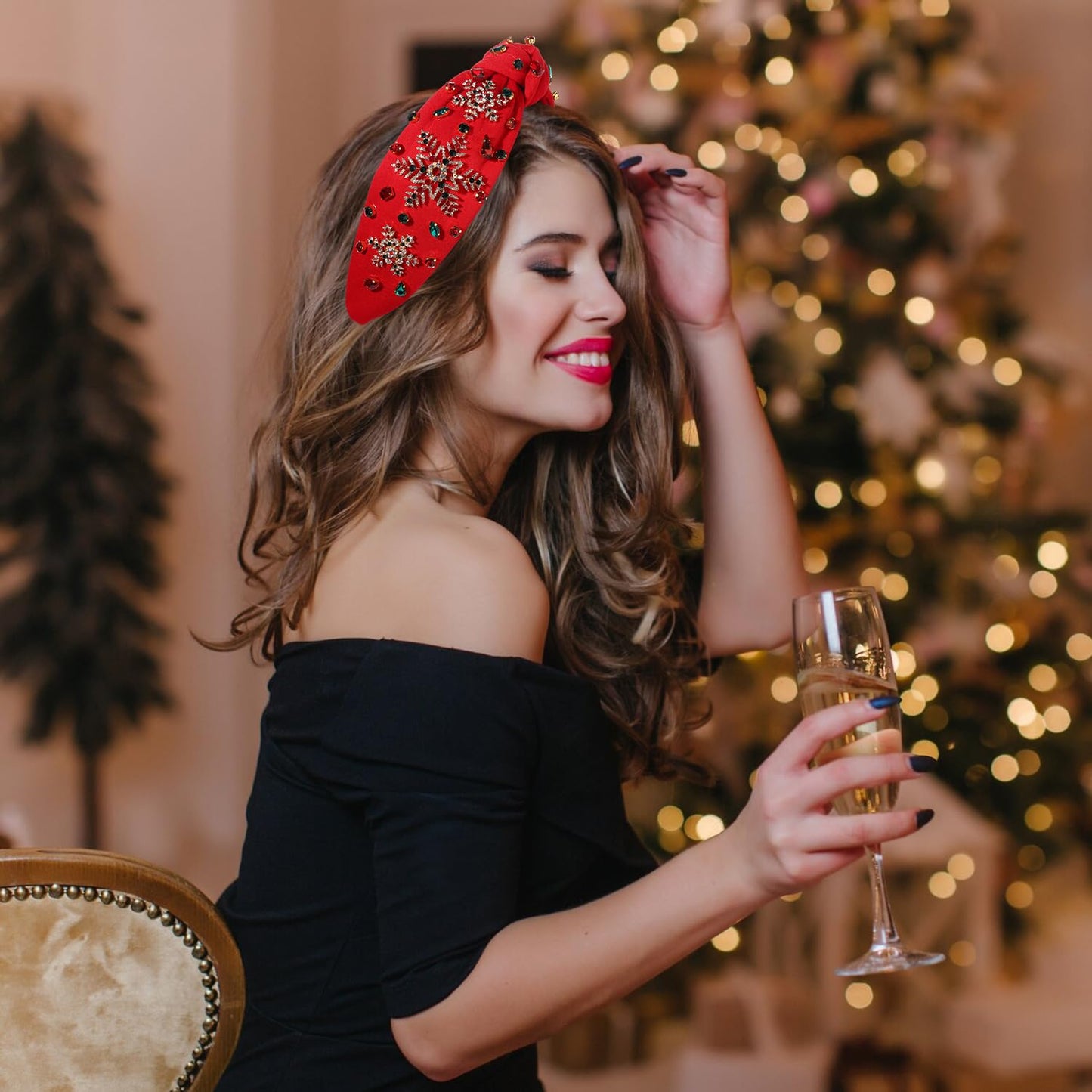 NVENF Jeweled Plaid Headband with Embellished Crystals and Pearls - Knotted Wide Top Knot Hair Accessory for Women, Holiday Outfits & Gifts