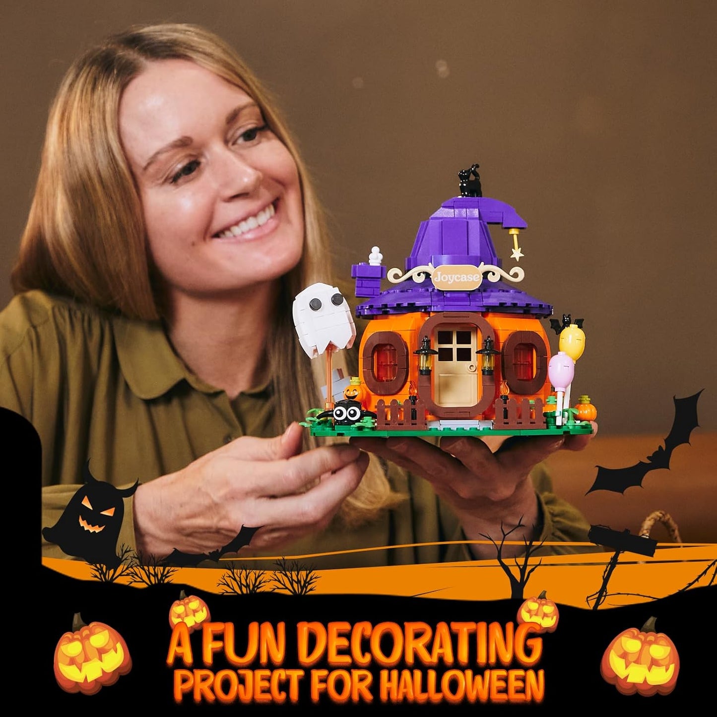 Halloween Pumpkin House Building Kit, Whimsical Halloween Building Set Décor with Adorable Ghost and Pumpkin Toys, Cute Halloween Party Gift, Halloween Building Bricks Compatible with Lego