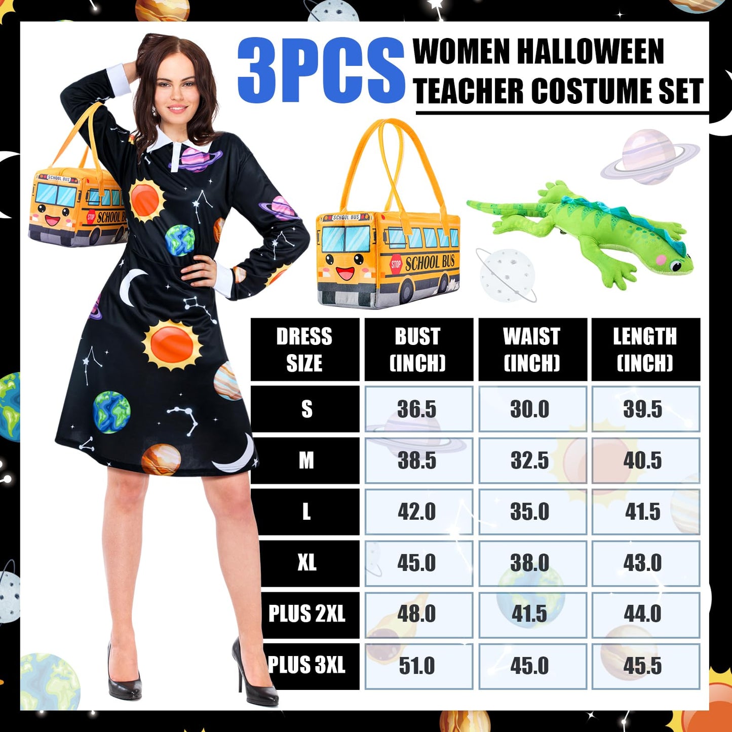 ramede 3 Pcs Women Halloween Teacher Costume Set Vintage Long Sleeve Dress with School Bus Bag for Halloween Role Play Party