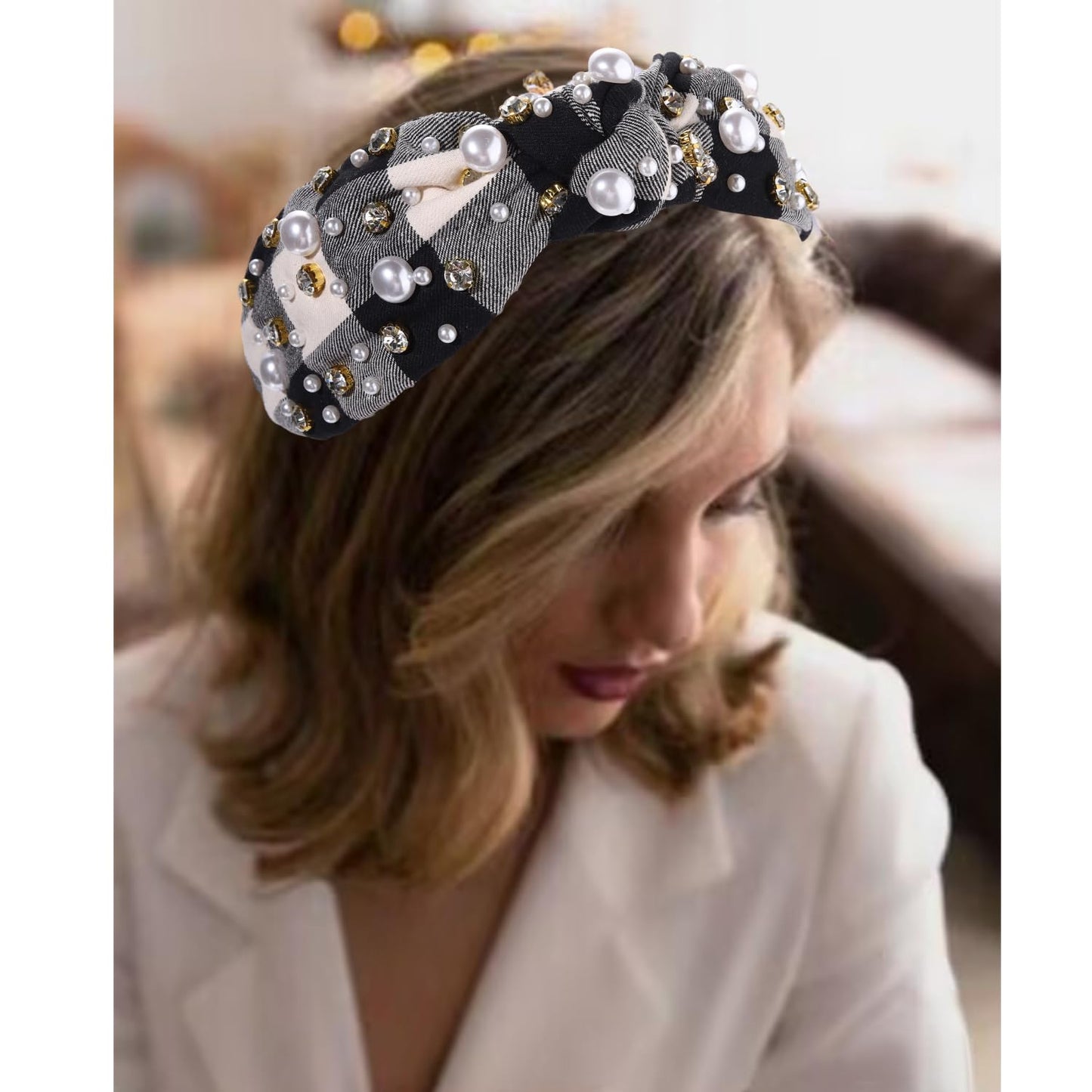 NVENF Jeweled Plaid Headband with Embellished Crystals and Pearls - Knotted Wide Top Knot Hair Accessory for Women, Holiday Outfits & Gifts