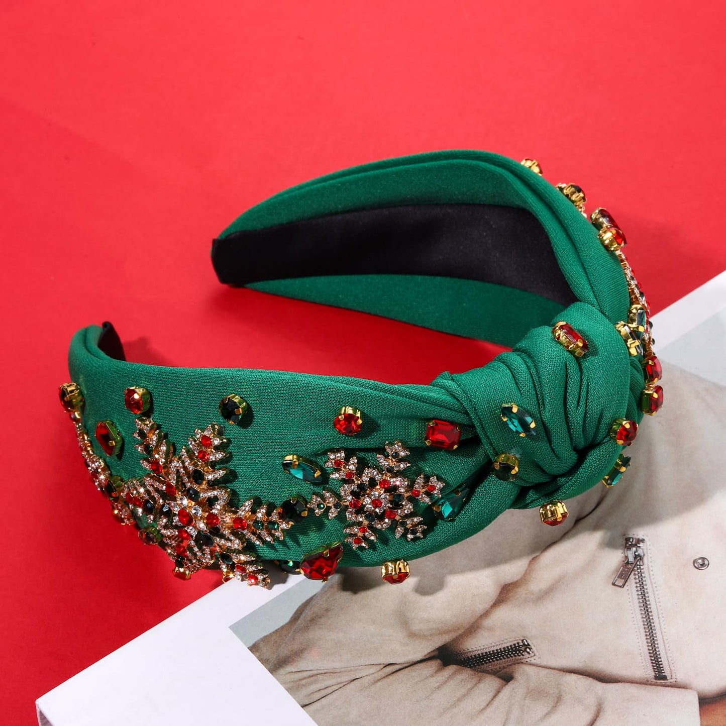 NVENF Jeweled Plaid Headband with Embellished Crystals and Pearls - Knotted Wide Top Knot Hair Accessory for Women, Holiday Outfits & Gifts
