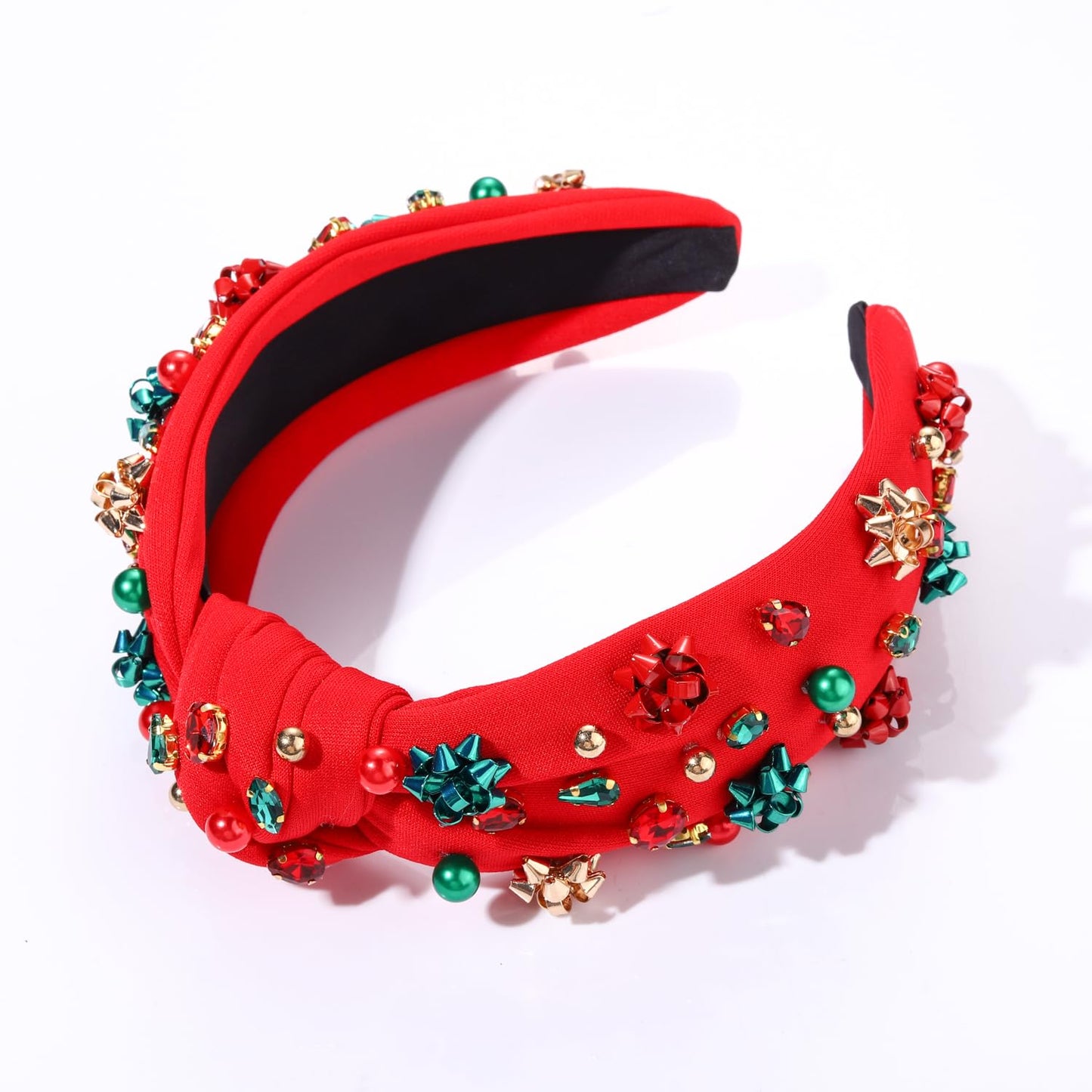 NVENF Jeweled Plaid Headband with Embellished Crystals and Pearls - Knotted Wide Top Knot Hair Accessory for Women, Holiday Outfits & Gifts