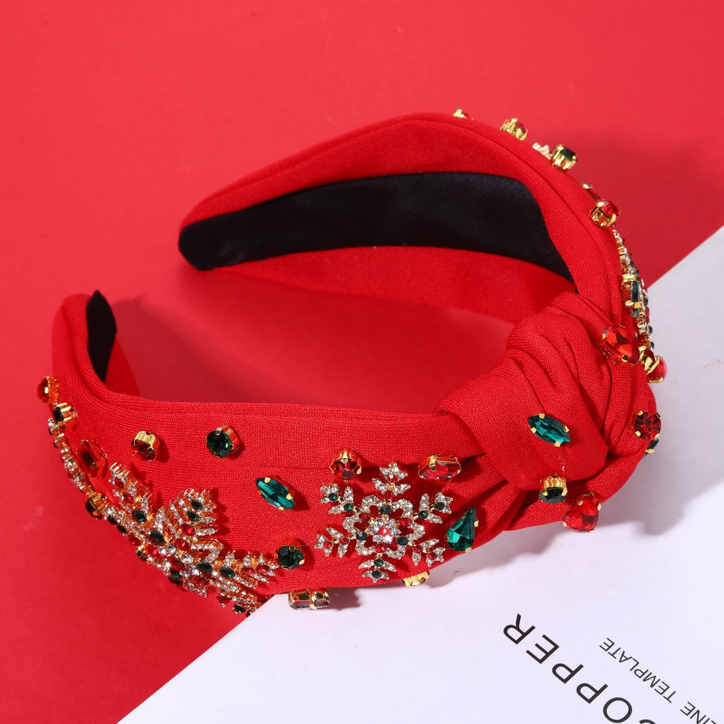 NVENF Jeweled Plaid Headband with Embellished Crystals and Pearls - Knotted Wide Top Knot Hair Accessory for Women, Holiday Outfits & Gifts