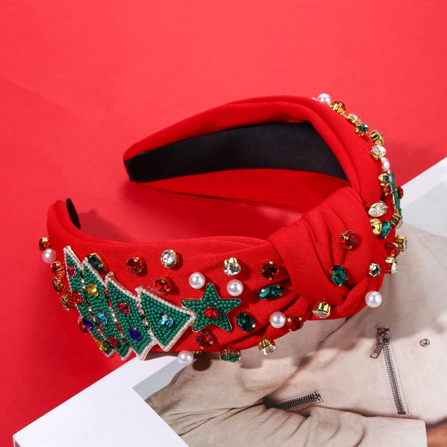 NVENF Jeweled Plaid Headband with Embellished Crystals and Pearls - Knotted Wide Top Knot Hair Accessory for Women, Holiday Outfits & Gifts