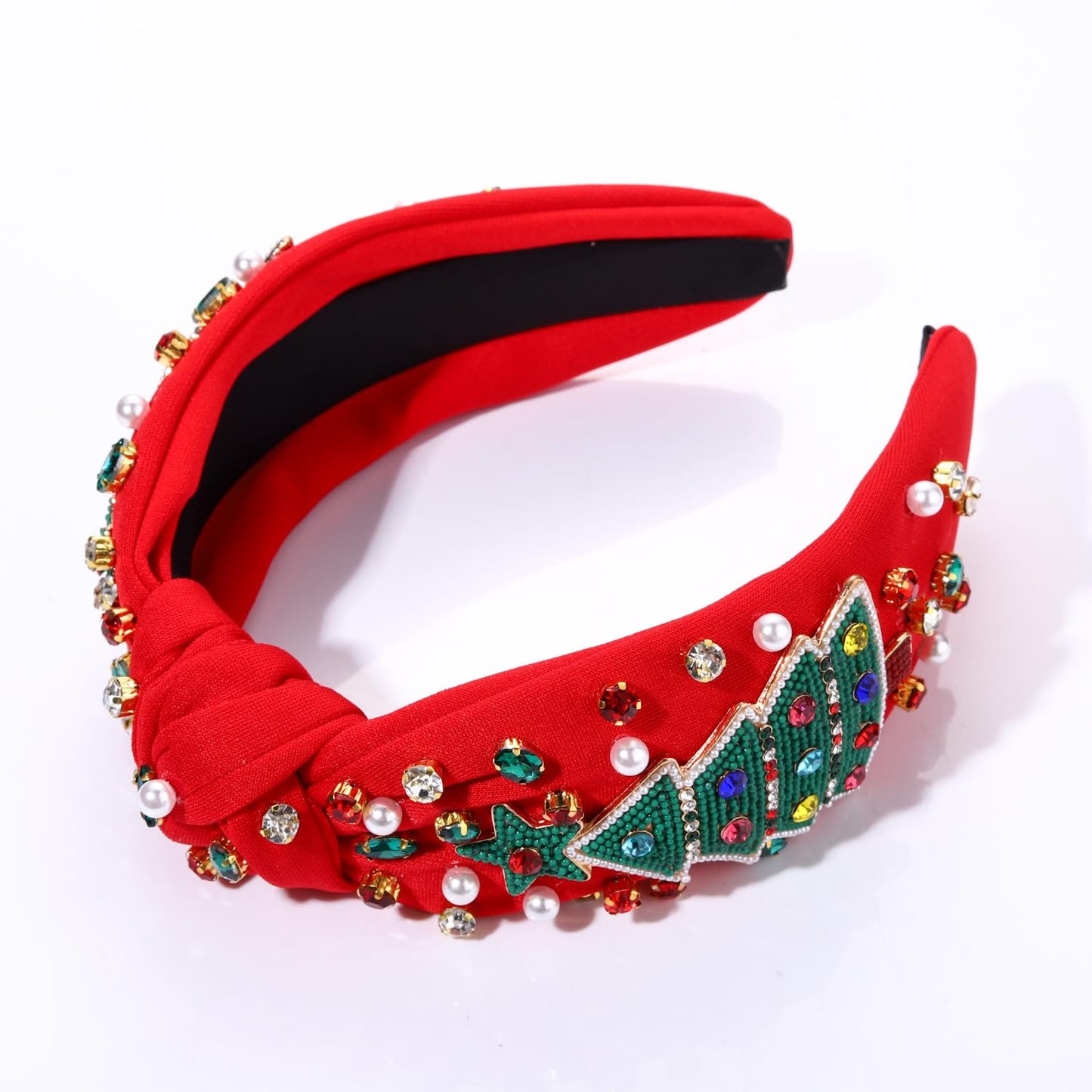 NVENF Jeweled Plaid Headband with Embellished Crystals and Pearls - Knotted Wide Top Knot Hair Accessory for Women, Holiday Outfits & Gifts