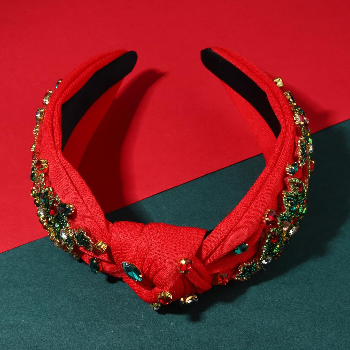 NVENF Jeweled Plaid Headband with Embellished Crystals and Pearls - Knotted Wide Top Knot Hair Accessory for Women, Holiday Outfits & Gifts
