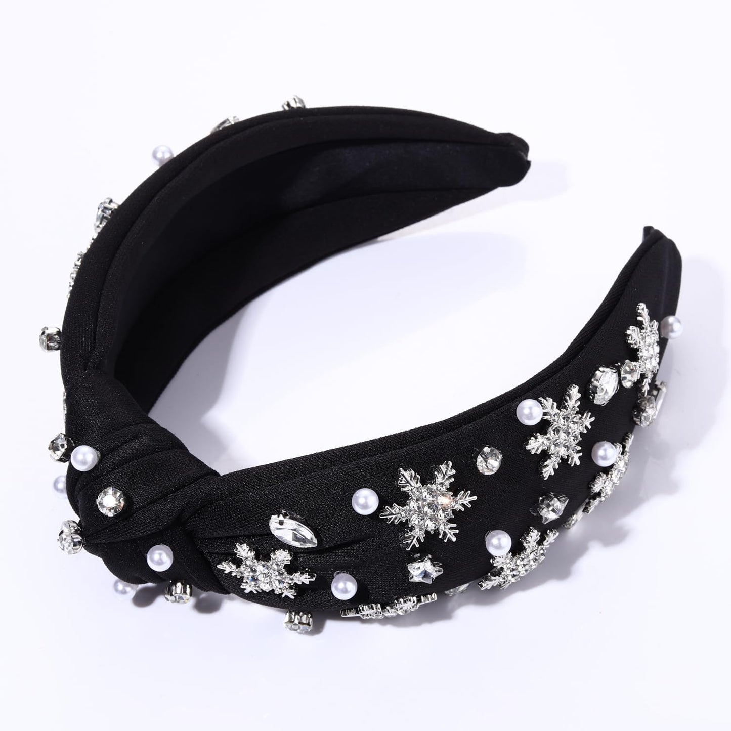 NVENF Jeweled Plaid Headband with Embellished Crystals and Pearls - Knotted Wide Top Knot Hair Accessory for Women, Holiday Outfits & Gifts