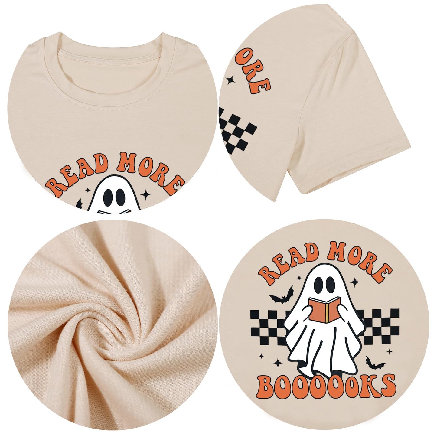 Halloween Teacher Shirts for Women Groovy Read More Books Ghost T-Shirt Short Sleeve Halloween Party Tee Tops