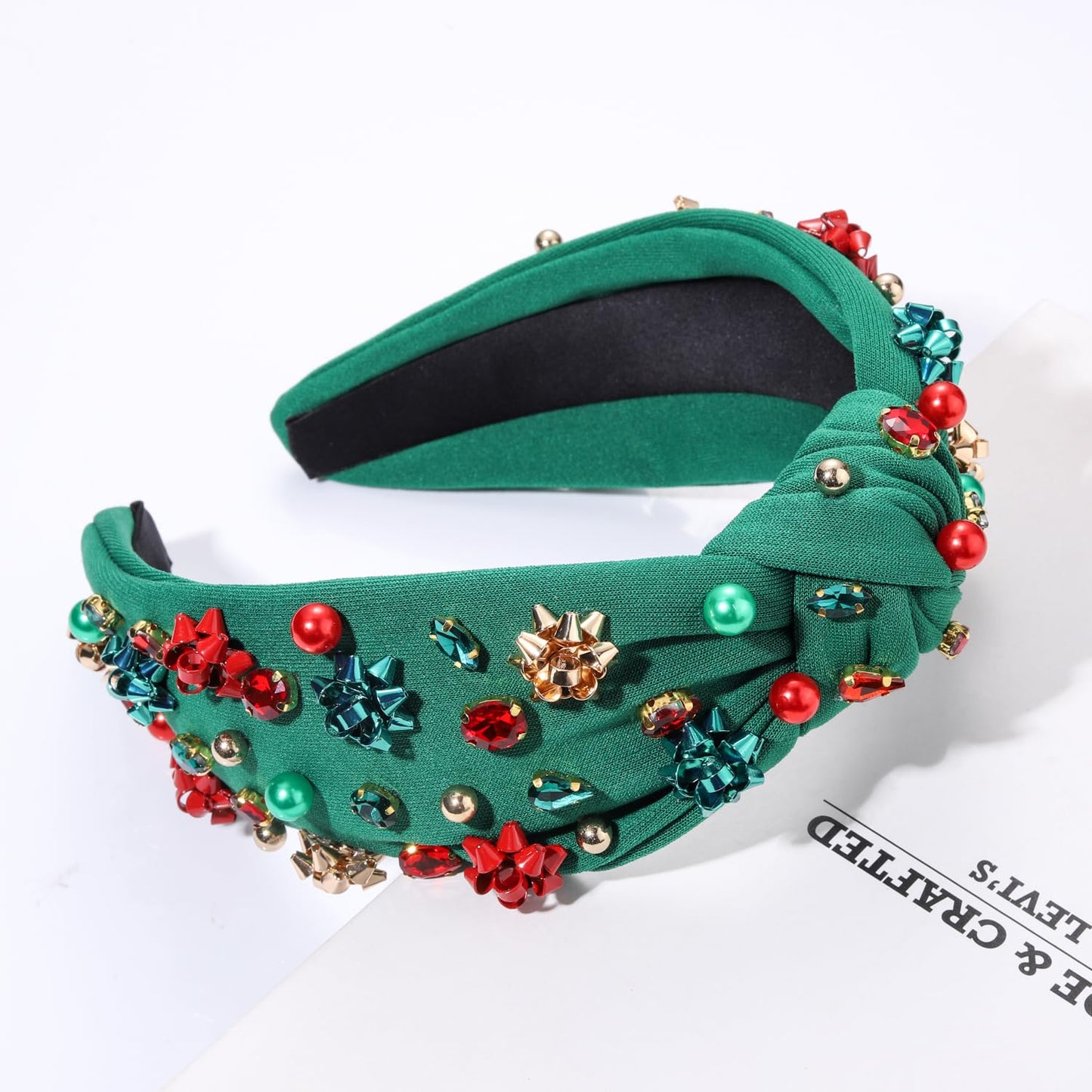 NVENF Jeweled Plaid Headband with Embellished Crystals and Pearls - Knotted Wide Top Knot Hair Accessory for Women, Holiday Outfits & Gifts