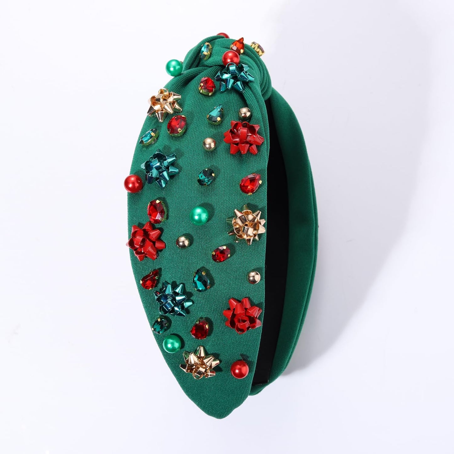 NVENF Jeweled Plaid Headband with Embellished Crystals and Pearls - Knotted Wide Top Knot Hair Accessory for Women, Holiday Outfits & Gifts