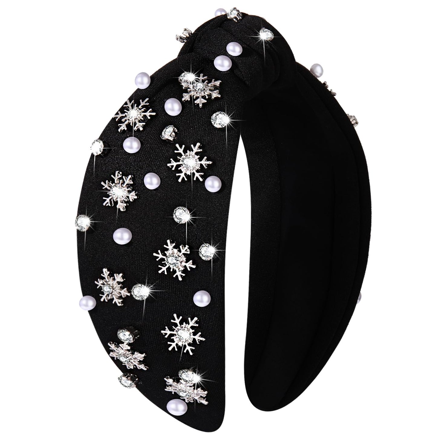 NVENF Jeweled Plaid Headband with Embellished Crystals and Pearls - Knotted Wide Top Knot Hair Accessory for Women, Holiday Outfits & Gifts