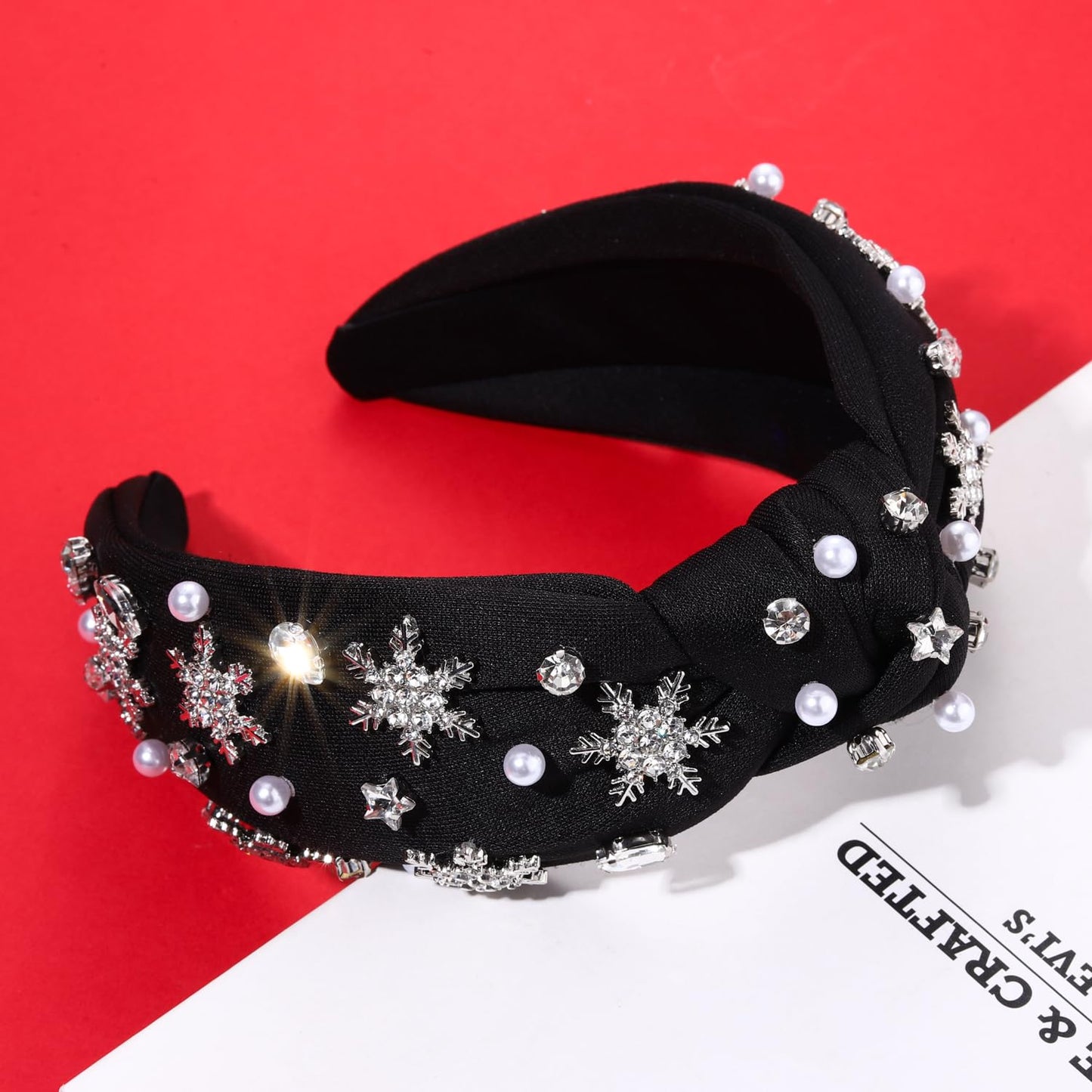 NVENF Jeweled Plaid Headband with Embellished Crystals and Pearls - Knotted Wide Top Knot Hair Accessory for Women, Holiday Outfits & Gifts