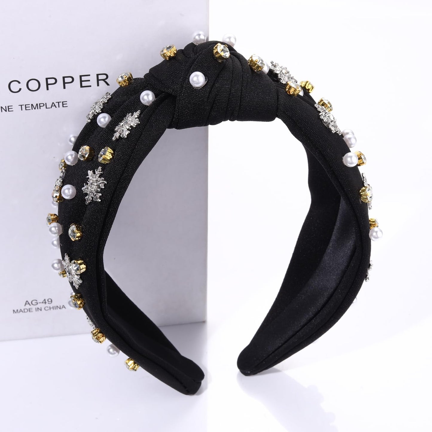 NVENF Jeweled Plaid Headband with Embellished Crystals and Pearls - Knotted Wide Top Knot Hair Accessory for Women, Holiday Outfits & Gifts
