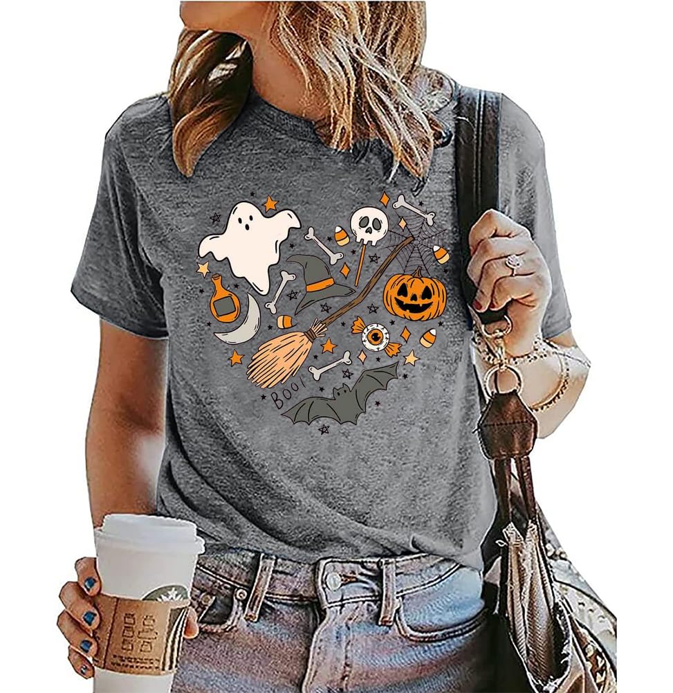 Halloween Doodles Shirt for Women Cute Vintage Graphic Halloween Party Tshirt Short Sleeve Fall Season Tees