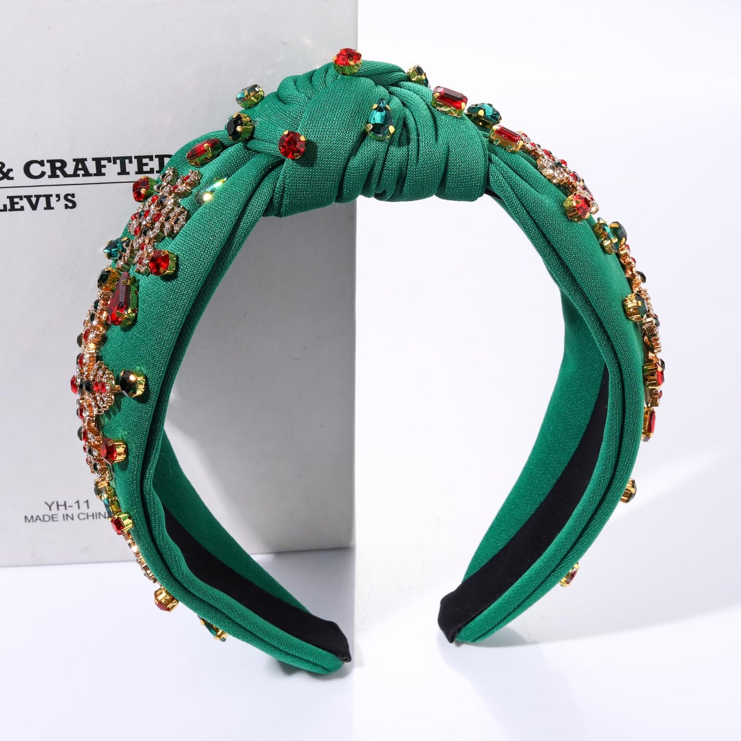 NVENF Jeweled Plaid Headband with Embellished Crystals and Pearls - Knotted Wide Top Knot Hair Accessory for Women, Holiday Outfits & Gifts